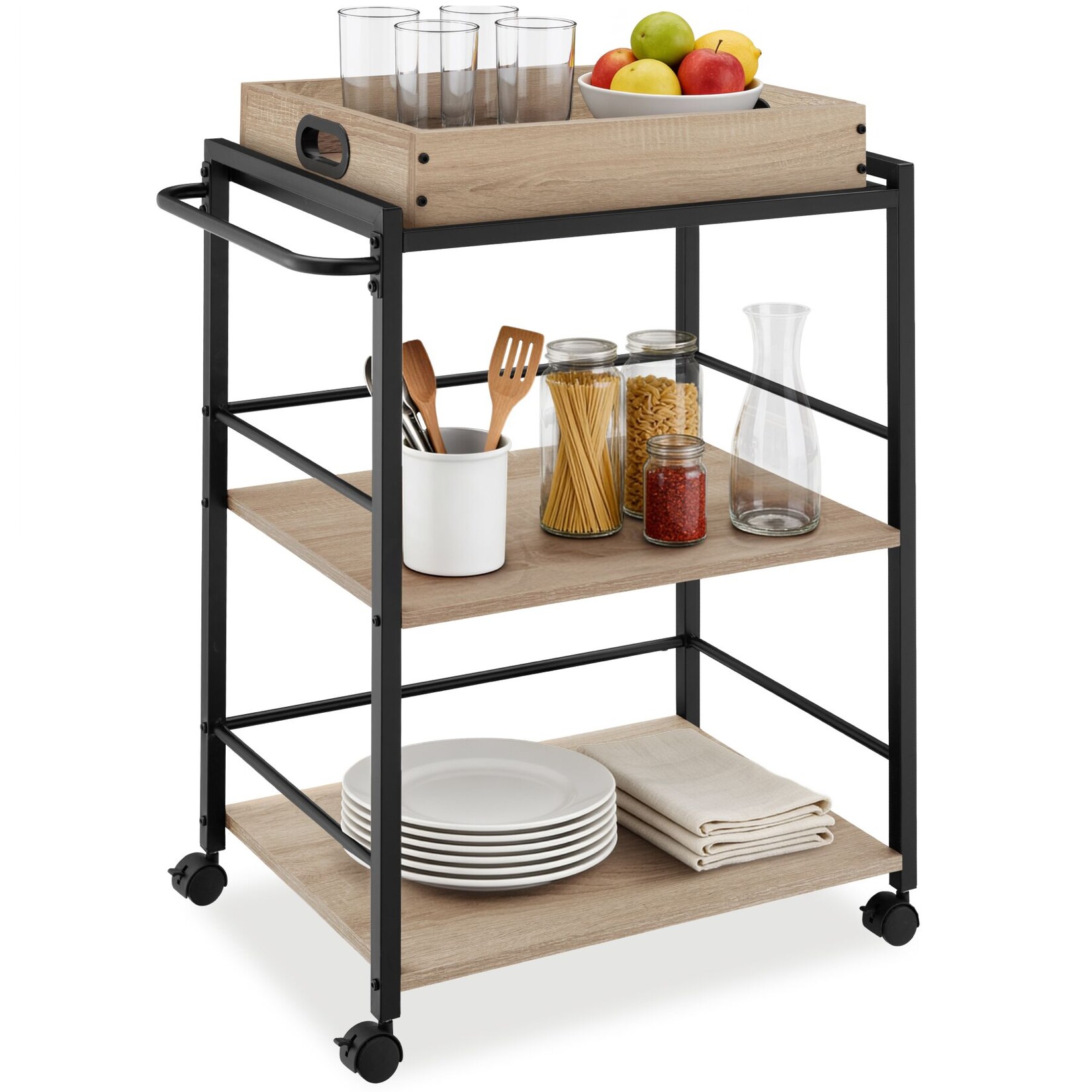 tectake® Servierwagen , Industrial Style, 3 Ebenen und abnehmbares Tablett, 65 x 41,5 x 87 cm