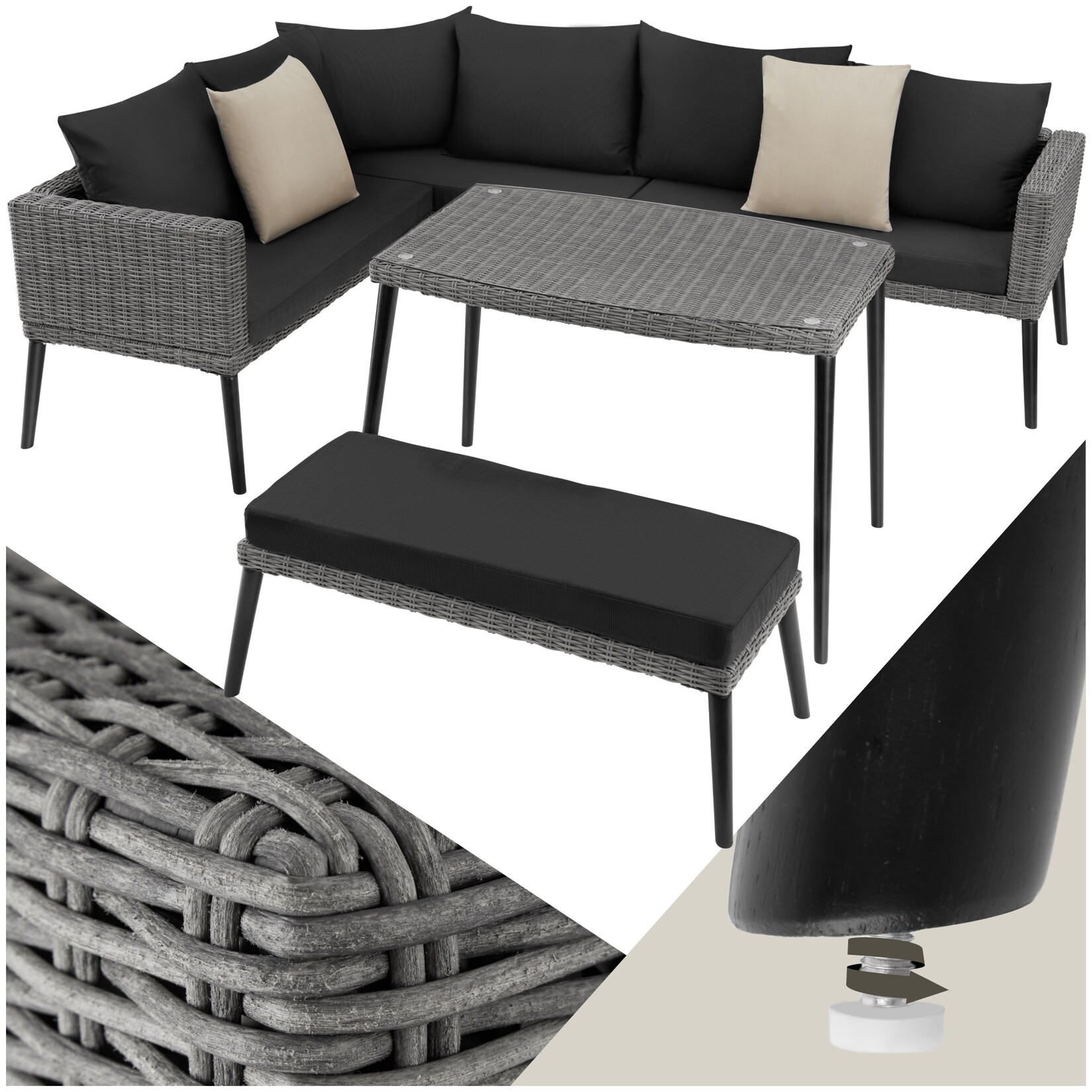 tectake® Aluminium Rattan Lounge Lounge, wetterfest und UV-beständig, schlanke, hohe Beine, hochwertiges Geflecht