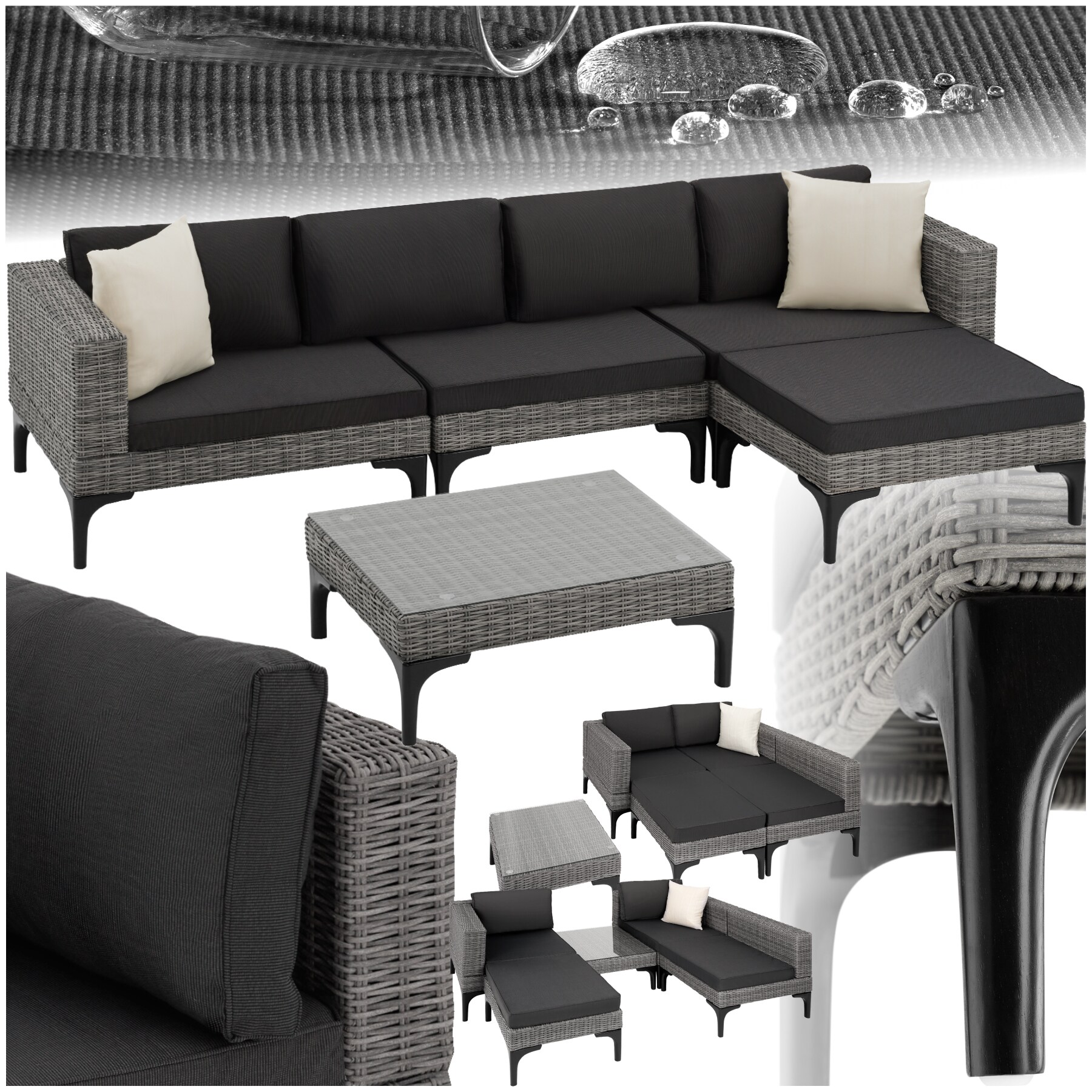 tectake&reg; Rattan Lounge, mit Aluminiumgestell, wetterfest und UV-best&auml;ndig, mit Sicherheitsglasplatte - Bild 1