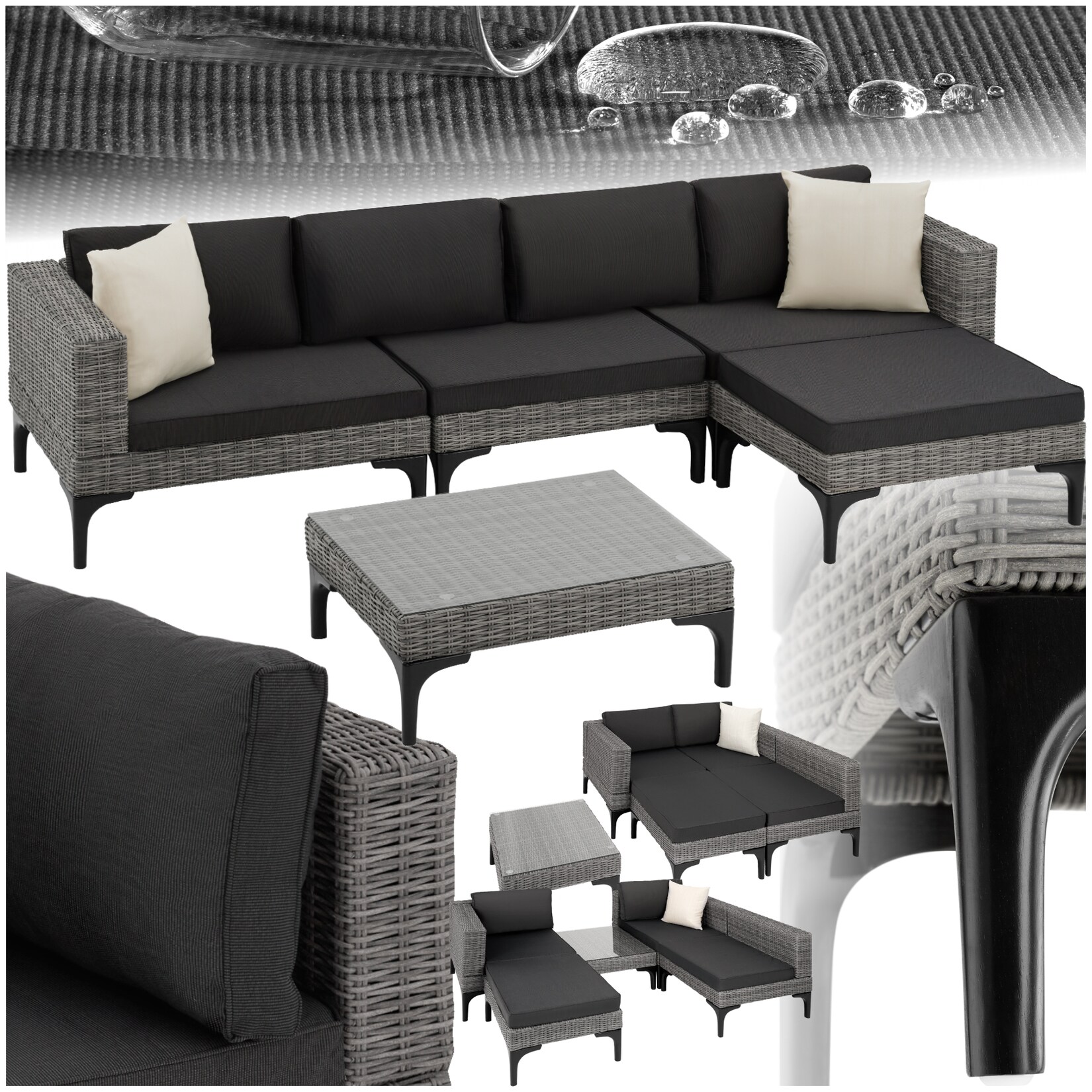 tectake® Rattan Lounge, mit Aluminiumgestell, wetterfest und UV-beständig, mit Sicherheitsglasplatte
