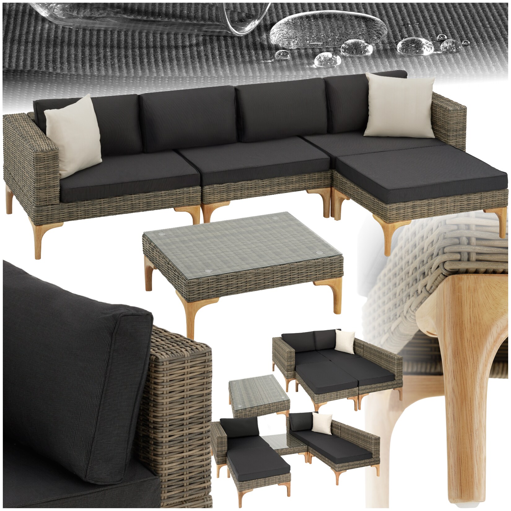 tectake® Rattan Lounge, mit Aluminiumgestell, wetterfest und UV-beständig, mit Sicherheitsglasplatte