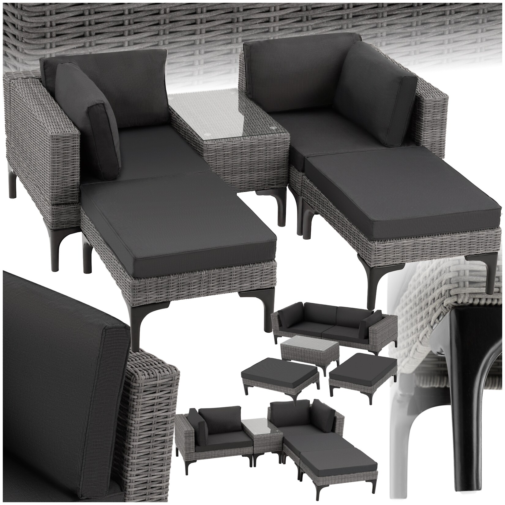 tectake® Rattan Lounge, mit Aluminiumgestell, wetterfest und UV-beständig, mit Sicherheitsglasplatte