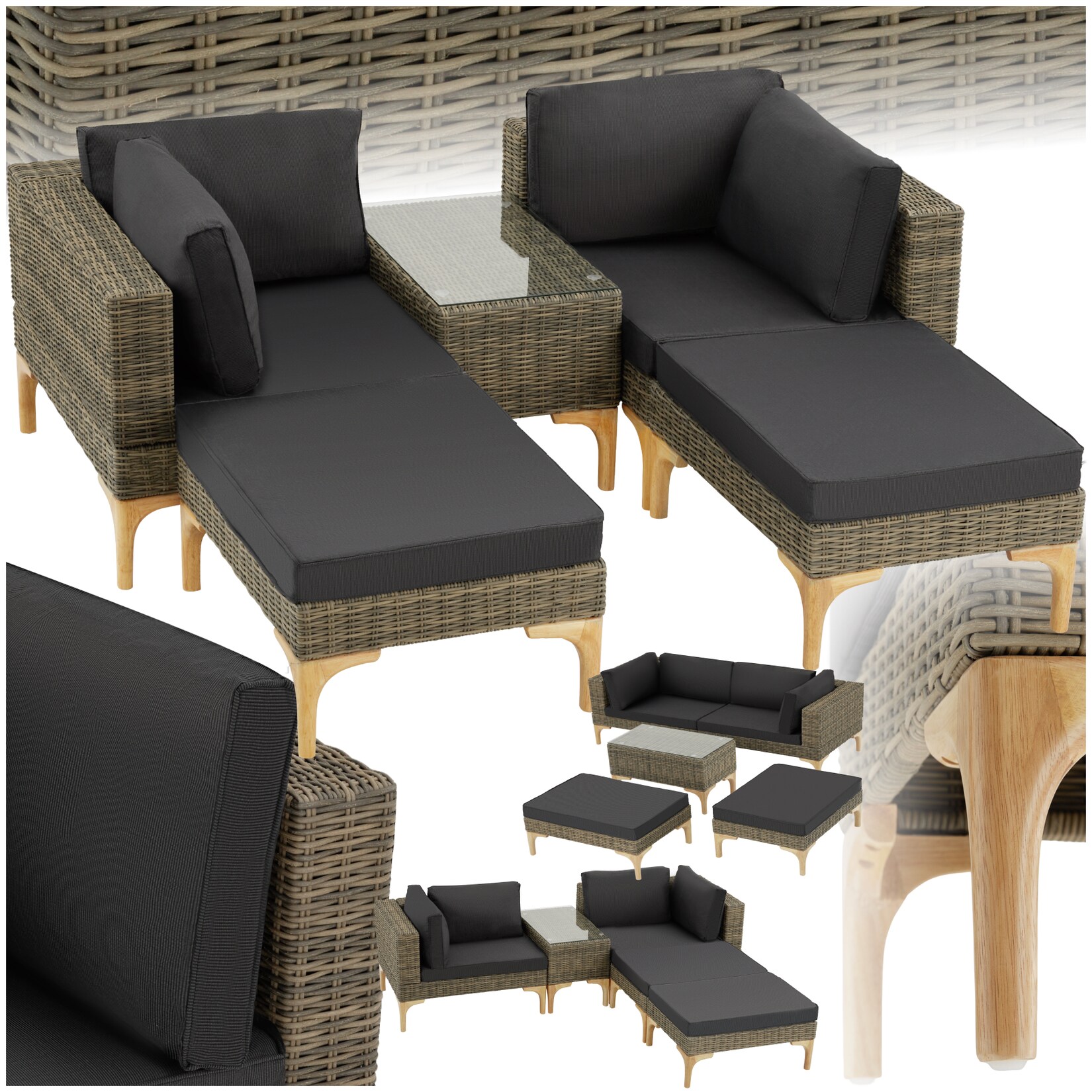 tectake® Rattan Lounge, mit Aluminiumgestell, wetterfest und UV-beständig, mit Sicherheitsglasplatte