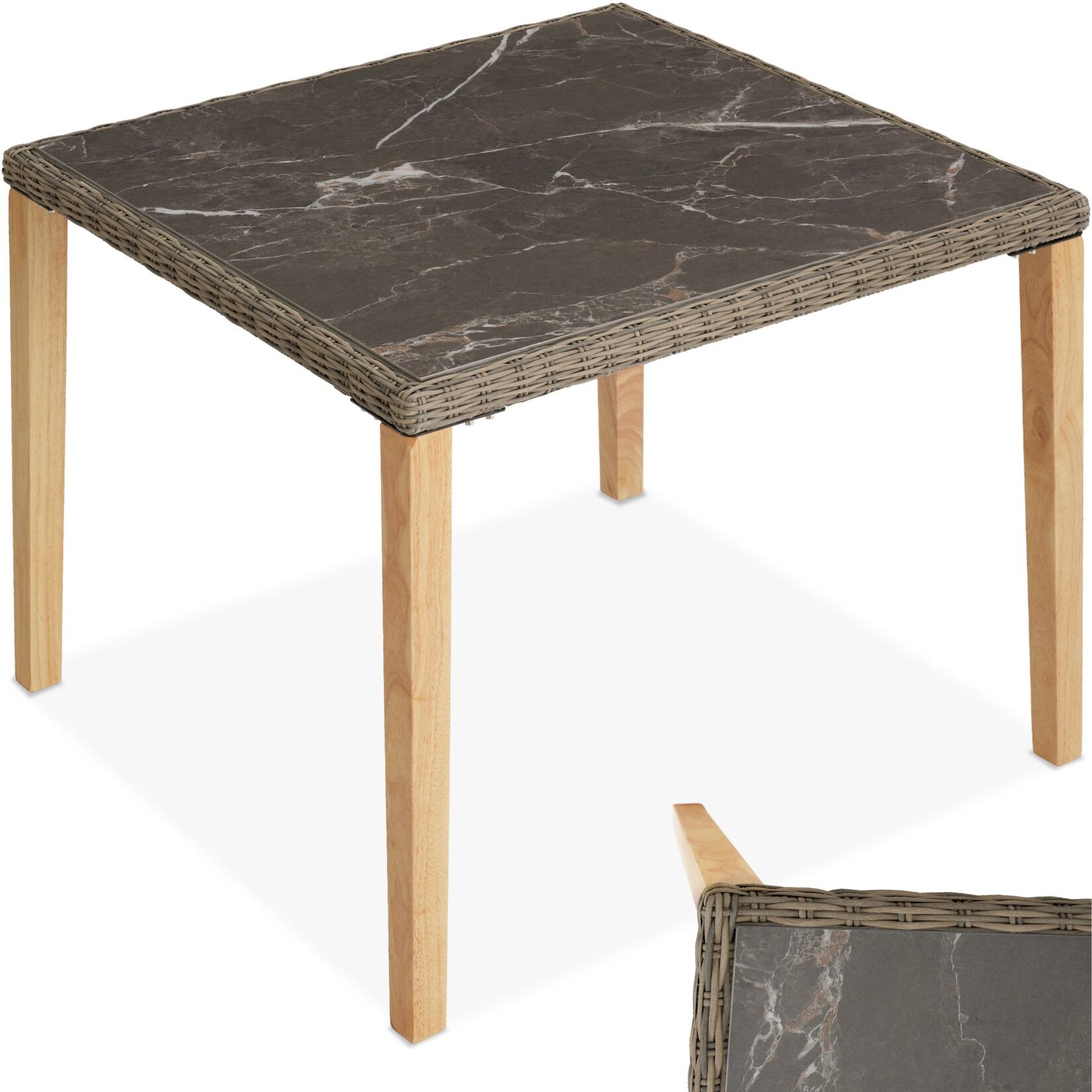 tectake® Rattan Tisch, mit Aluminium- und Holzgestell, wetterfest und UV-beständig, 93,5 x 93,5 x 75 cm | 04061173244055