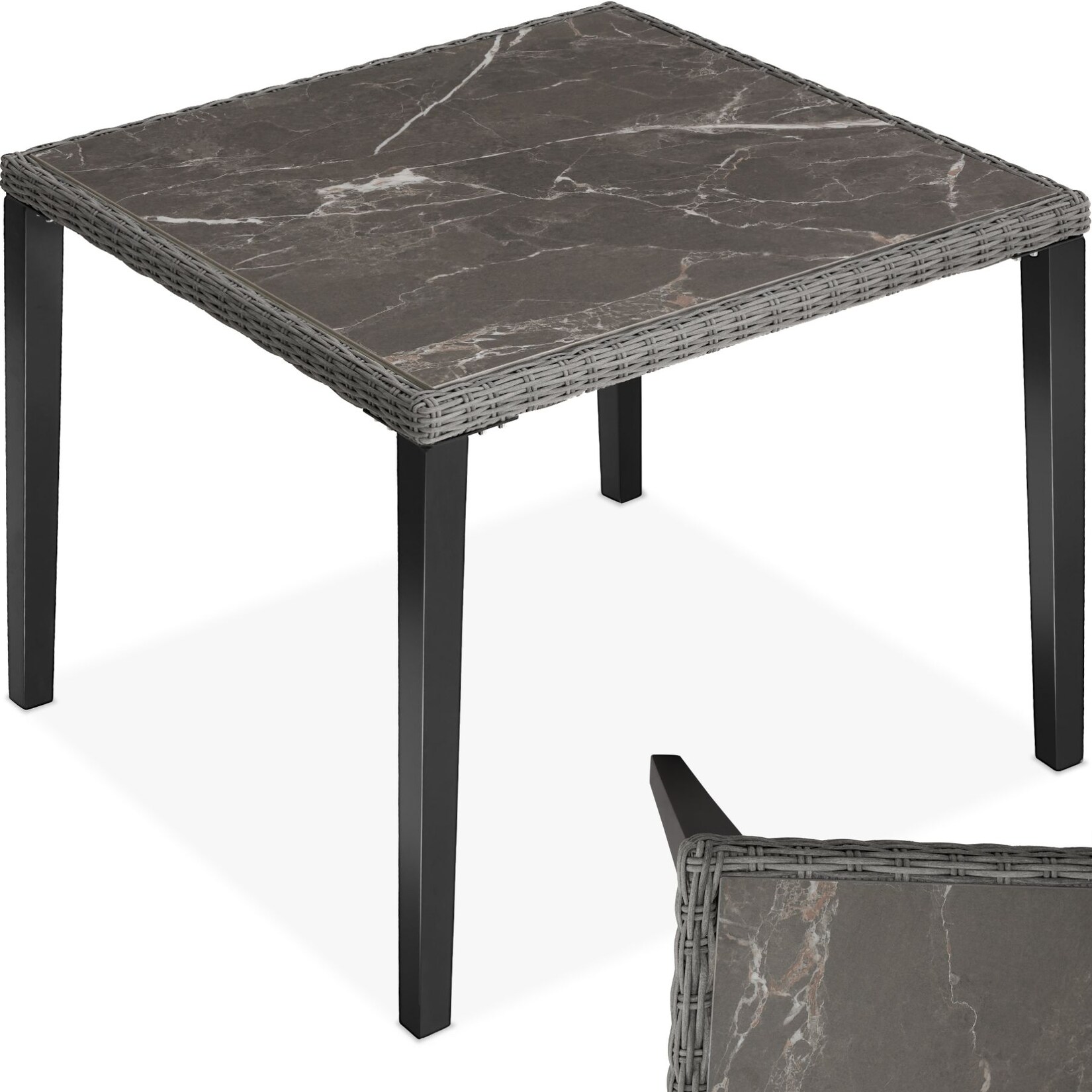 tectake® Rattan Tisch, mit Aluminium- und Holzgestell, wetterfest und UV-beständig, 93,5 x 93,5 x 75 cm