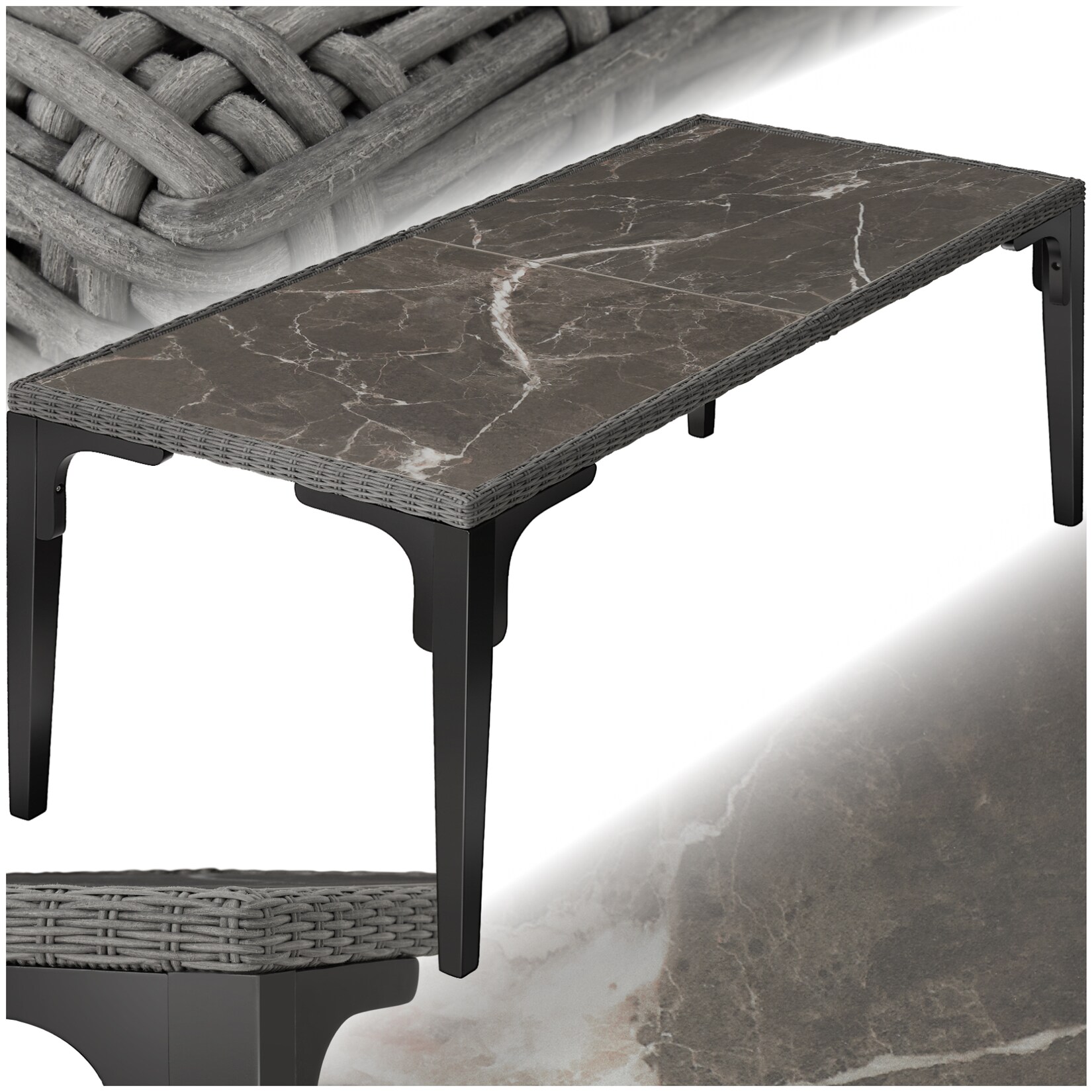 tectake® Rattan Tisch, mit Aluminium- und Holzgestell, wetterfest und UV-beständig, 196 x 87 x 76 cm