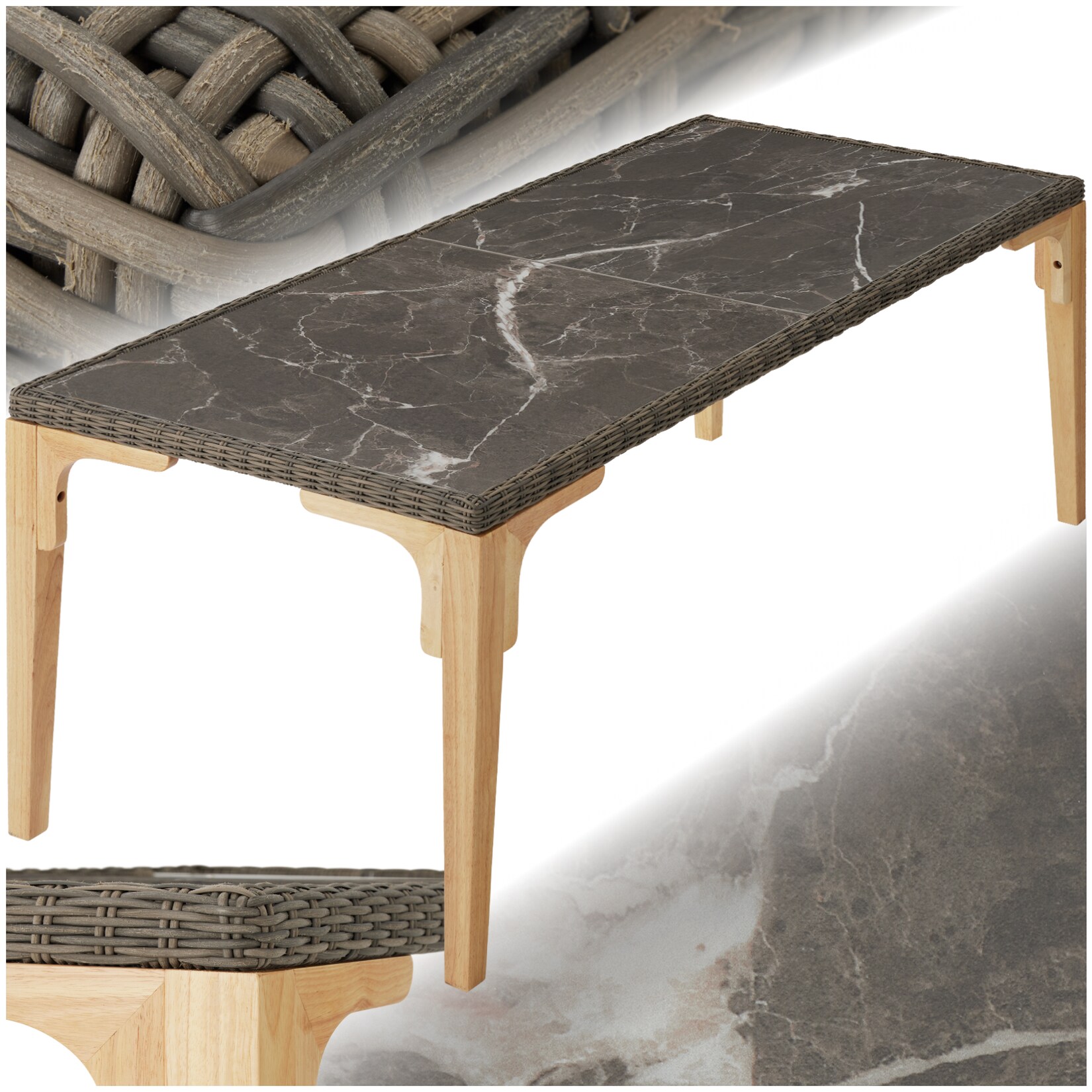 tectake® Rattan Tisch, mit Aluminium- und Holzgestell, wetterfest und UV-beständig, 196 x 87 x 76 cm | 04061173244154