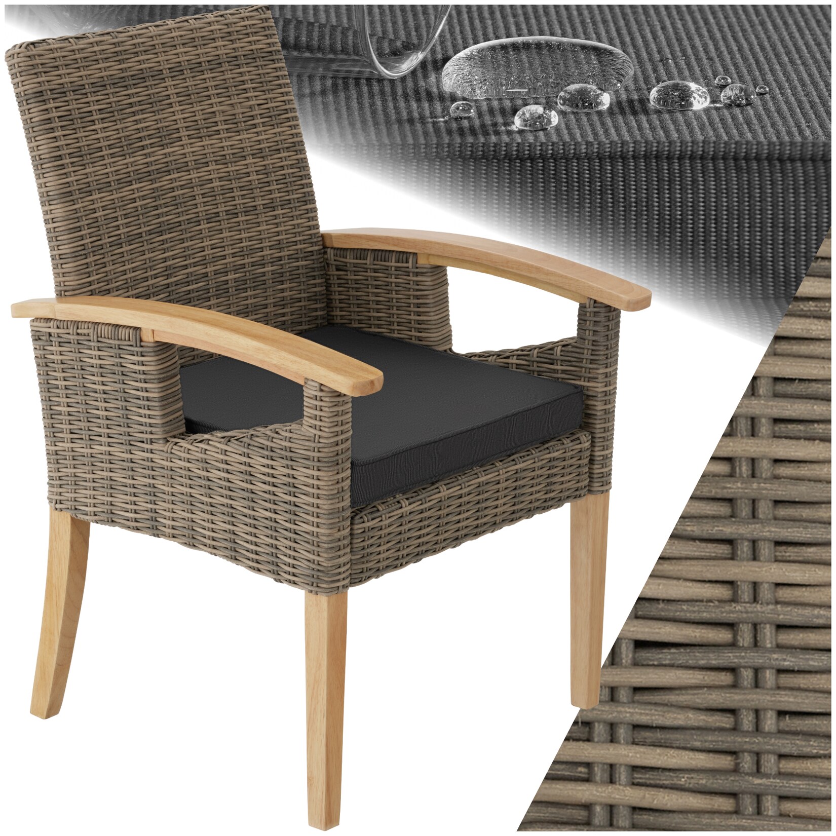 tectake® Rattan Stuhl, mit Holzgestell, natürlich nachempfundenes Geflecht, inklusive Sitzpolster, 62,5 x 71,5 x 94 cm
