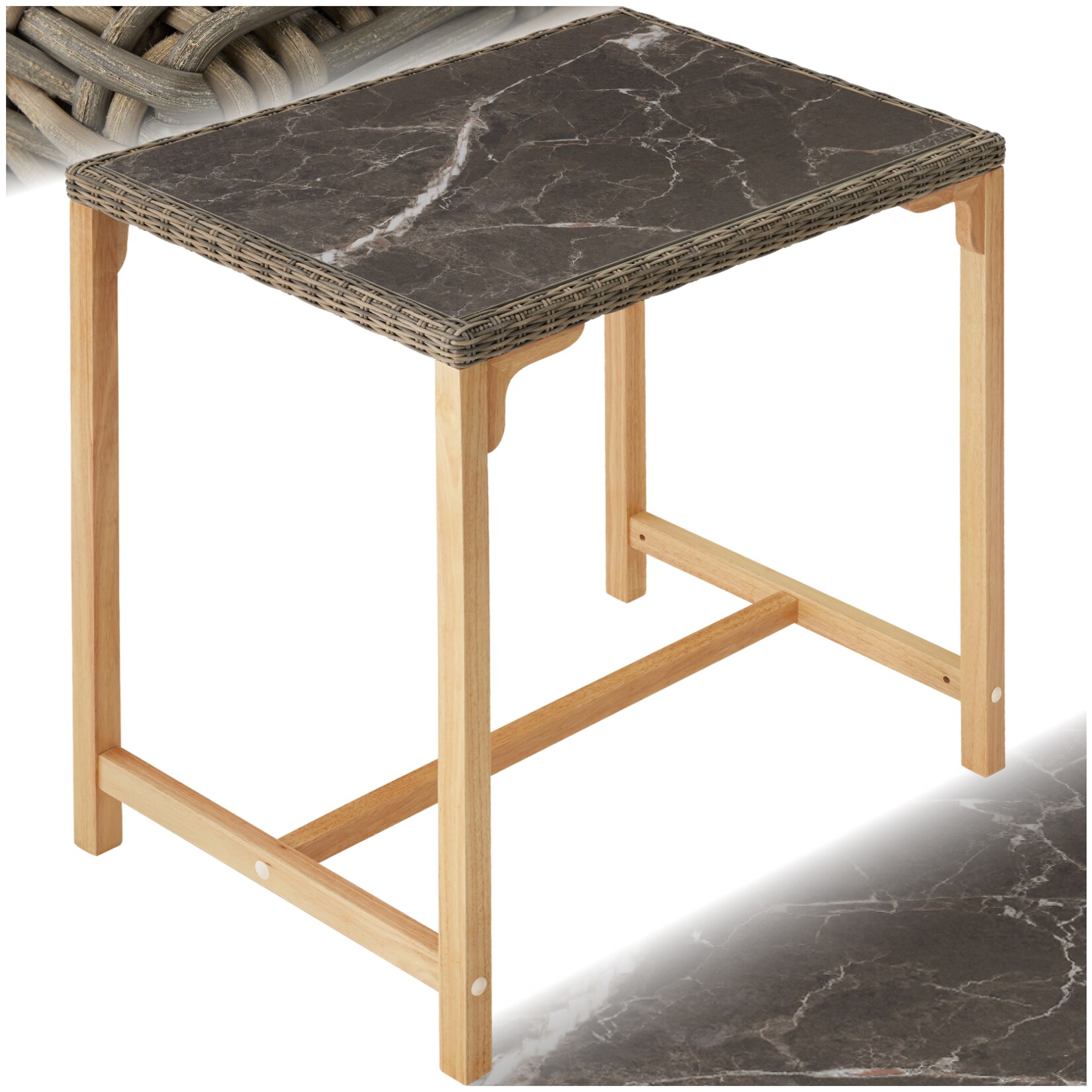 tectake® Rattan Bartisch, mit Aluminium- und Holzgestell, wetterfest und UV-beständig, 96 x 65 x 100 cm
