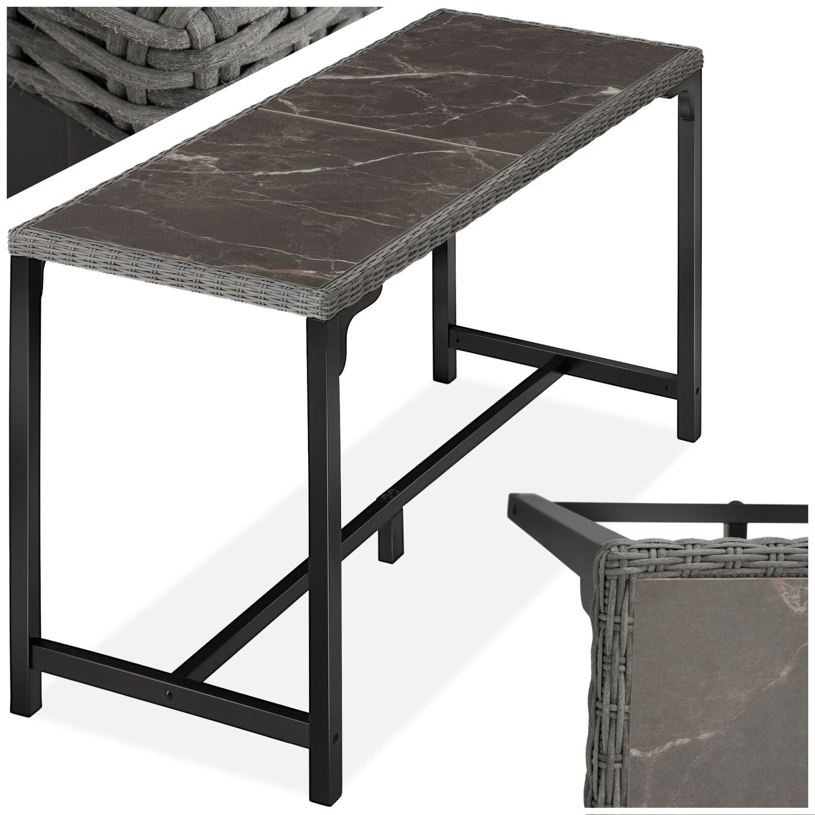 tectake® Rattan Tisch, mit Aluminium- und Holzgestell, wetterfest und UV-beständig, 161 x 64,5 x 99,5 cm