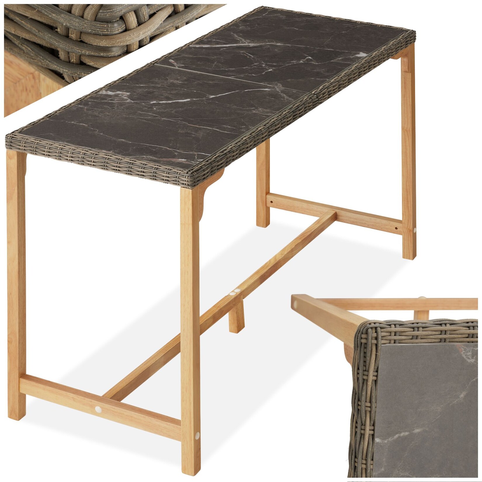 tectake® Rattan Tisch, mit Aluminium- und Holzgestell, wetterfest und UV-beständig, 161 x 64,5 x 99,5 cm | 04061173244611