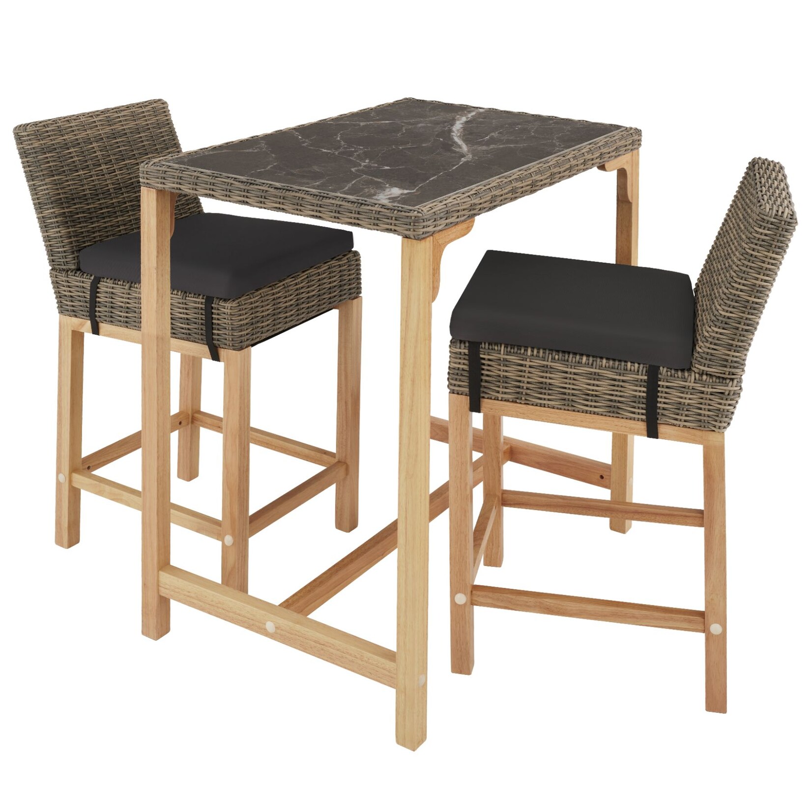 tectake® Rattan Tisch Kutina mit 2 Stühlen Latina, mit Aluminiumgestellen, wetterfest und UV-beständig, Beine aus Holz