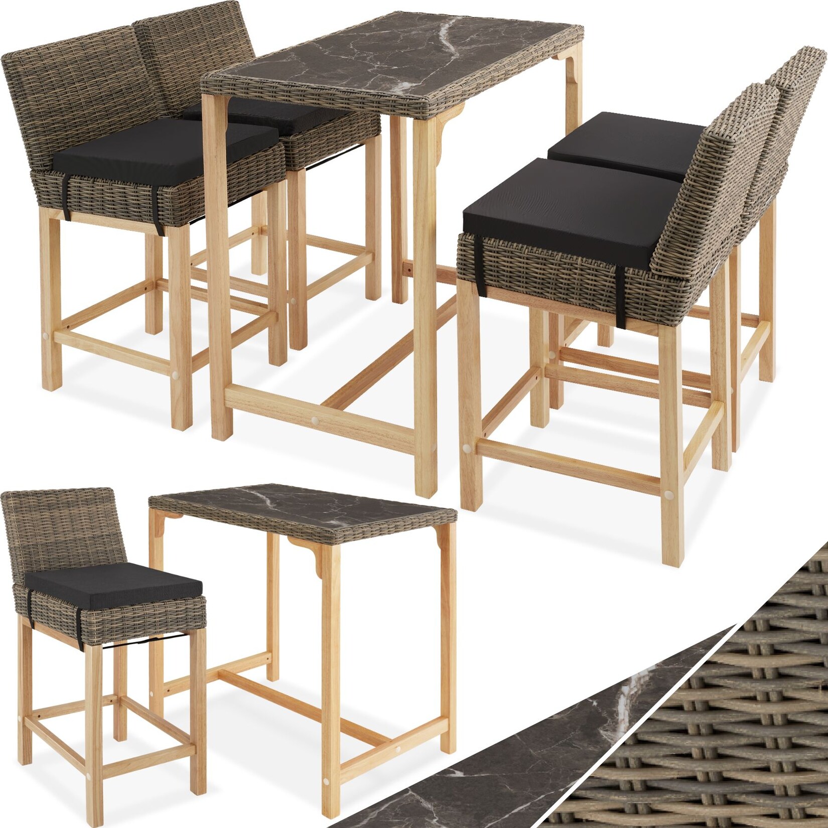tectake® Rattan Tisch Kutina mit 4 Stühlen Latina, mit Aluminiumgestellen, wetterfest und UV-beständig, Beine aus Holz