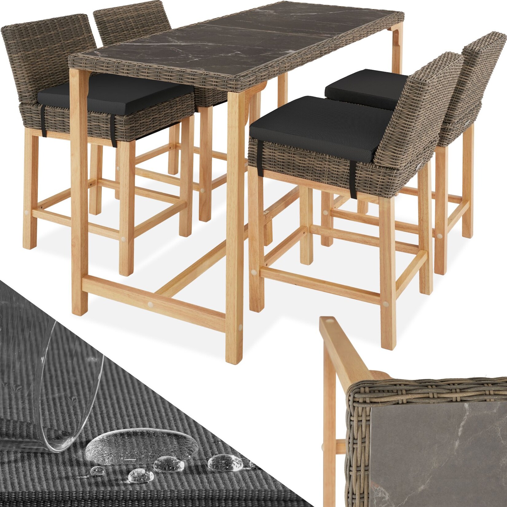 tectake® Rattan Tisch Lovas mit 4 Stühlen Latina, mit Aluminiumgestellen, wetterfest und UV-beständig, Beine aus Holz