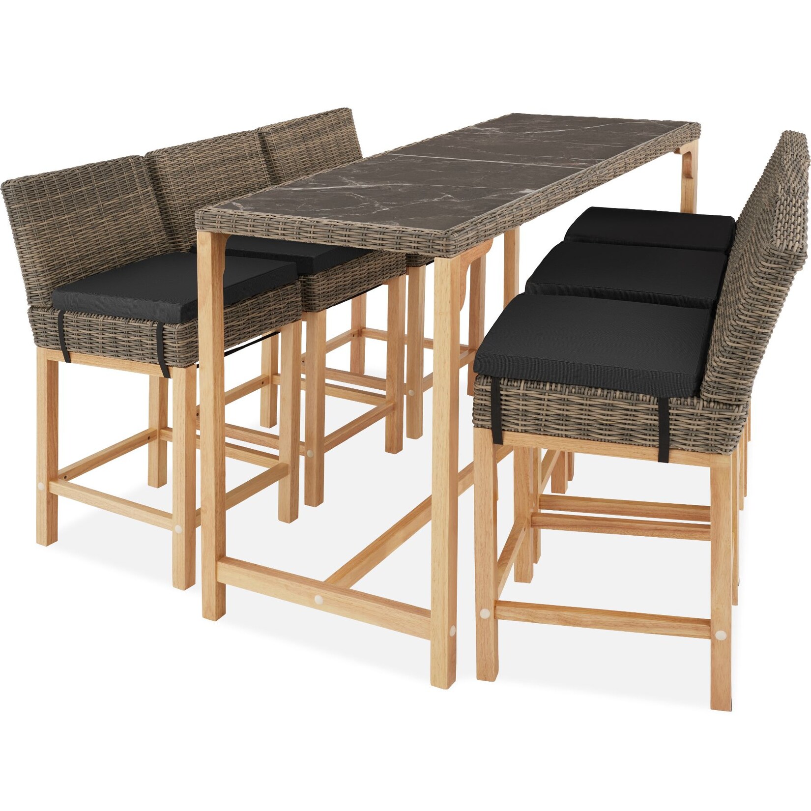 tectake® Rattan Tisch Lovas mit 6 Stühlen Latina, mit Aluminiumgestellen, wetterfest und UV-beständig, Beine aus Holz