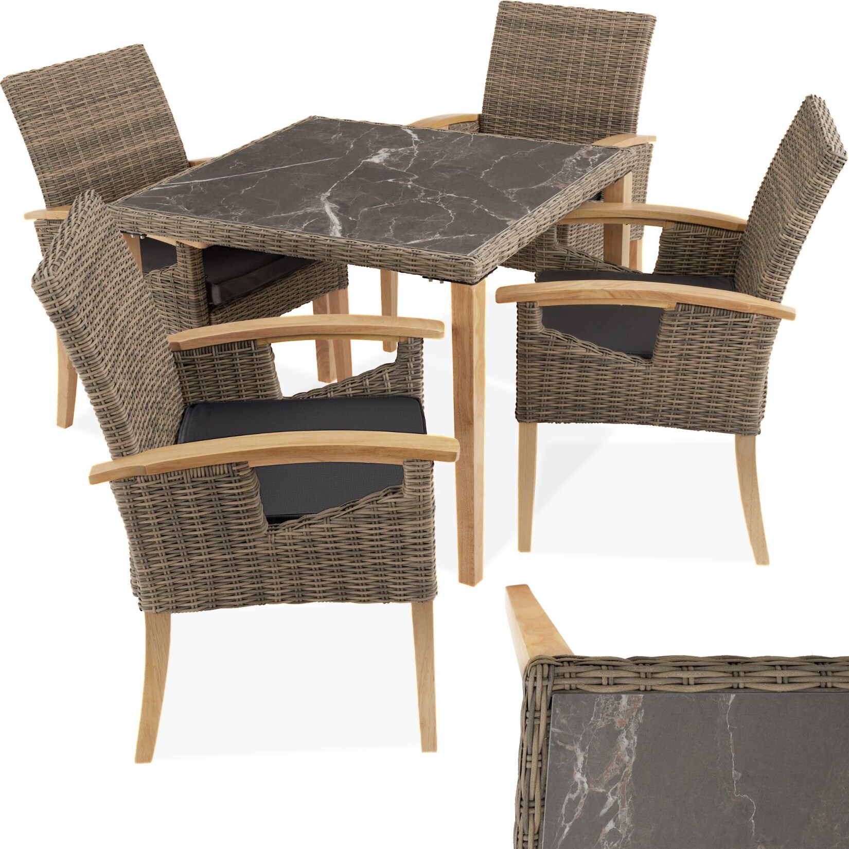 tectake® Rattan Tisch Tarent mit 4 Stühlen Rosarno, mit Holzgestellen, wetterfest und UV-beständig, Armlehnen und Füße aus Holz | 04061173244819