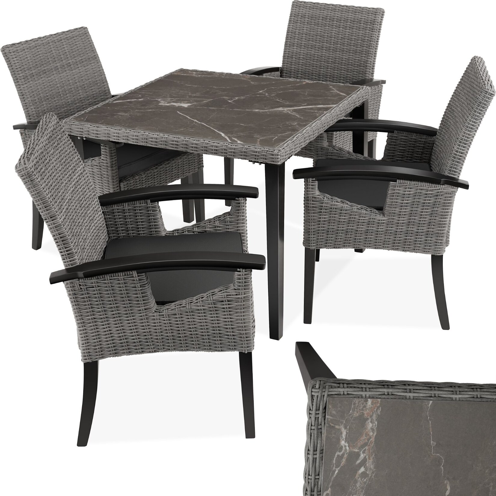 tectake® Rattan Tisch Tarent mit 4 Stühlen Rosarno, mit Holzgestellen, wetterfest und UV-beständig, Armlehnen und Füße aus Holz