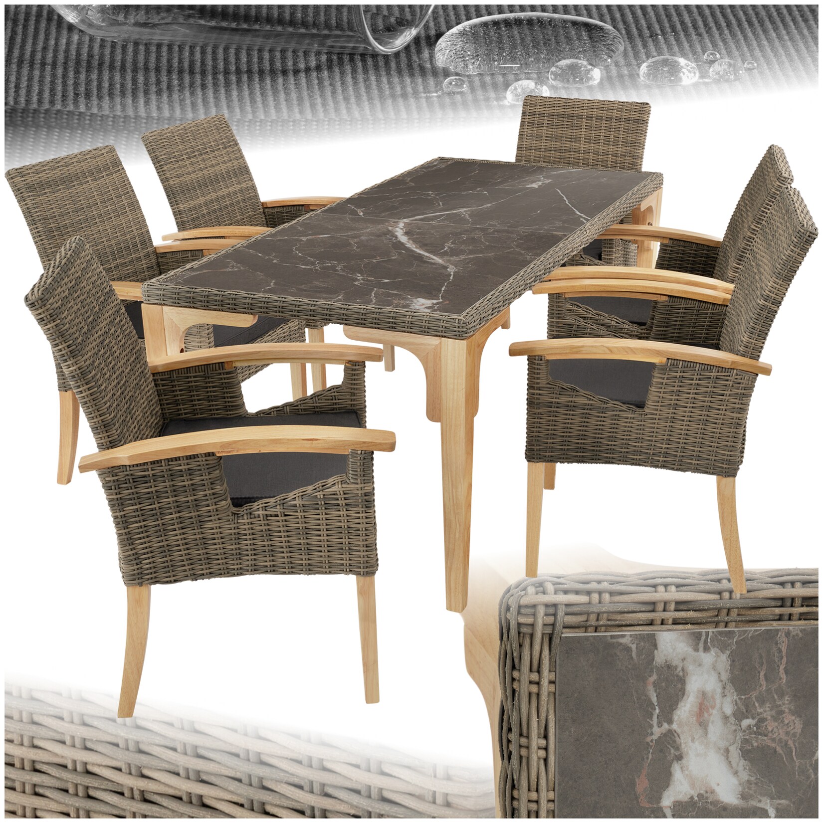tectake® Rattan Tisch Foggia mit 6 Stühlen Rosarno, mit Holzgestell, wetterfest und UV-beständig, Armlehnen und Beine aus Holz