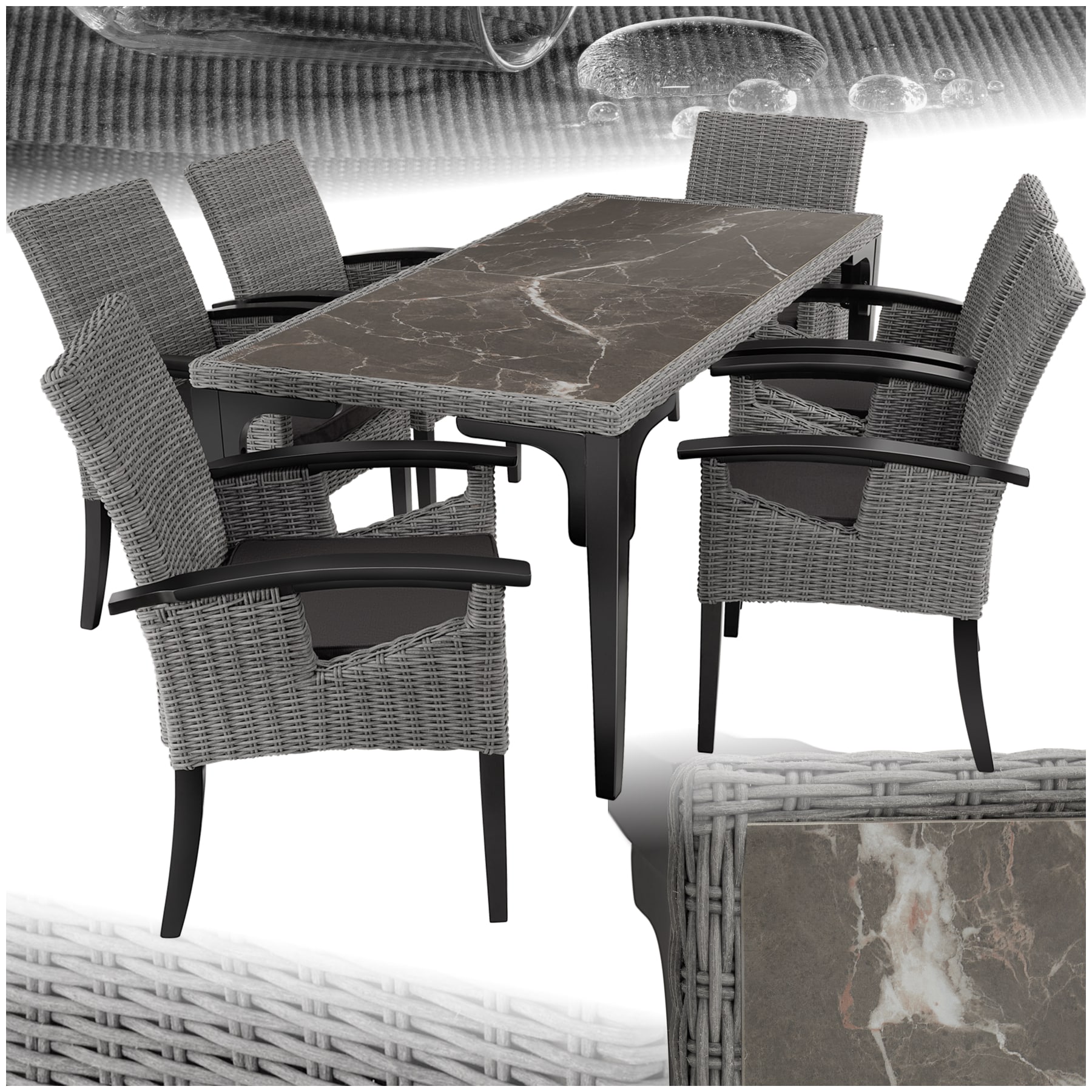 tectake&reg; Rattan Tisch Foggia mit 6 St&uuml;hlen Rosarno, mit Holzgestell, wetterfest und UV-best&auml;ndig, Armlehnen und Beine aus Holz - Bild 1