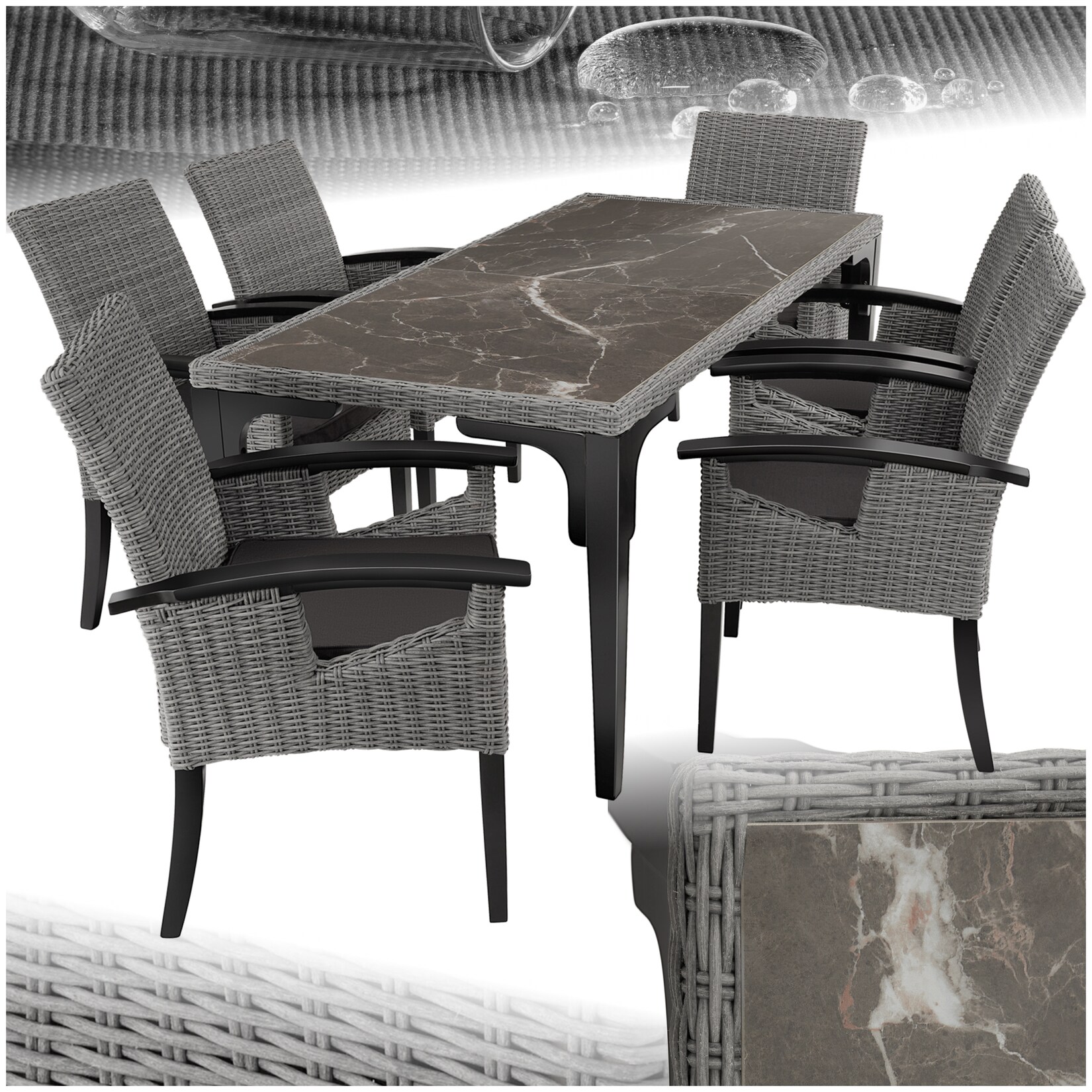 tectake® Rattan Tisch Foggia mit 6 Stühlen Rosarno, mit Holzgestell, wetterfest und UV-beständig, Armlehnen und Beine aus Holz