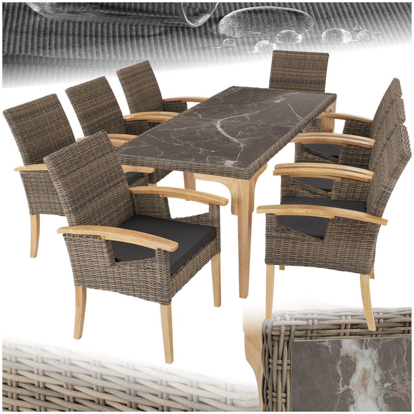 tectake® Rattan Tisch Foggia mit 8 Stühlen Rosarno, mit stabilen Holzgestellen, wetterfest und UV-beständig, Armlehnen und Beine aus Holz
