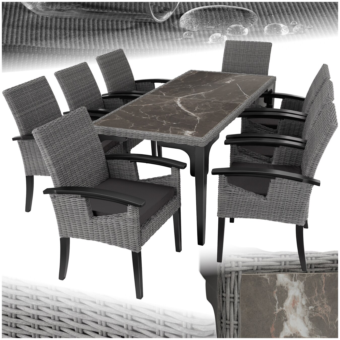tectake® Rattan Tisch Foggia mit 8 Stühlen Rosarno, mit stabilen Holzgestellen, wetterfest und UV-beständig, Armlehnen und Beine aus Holz