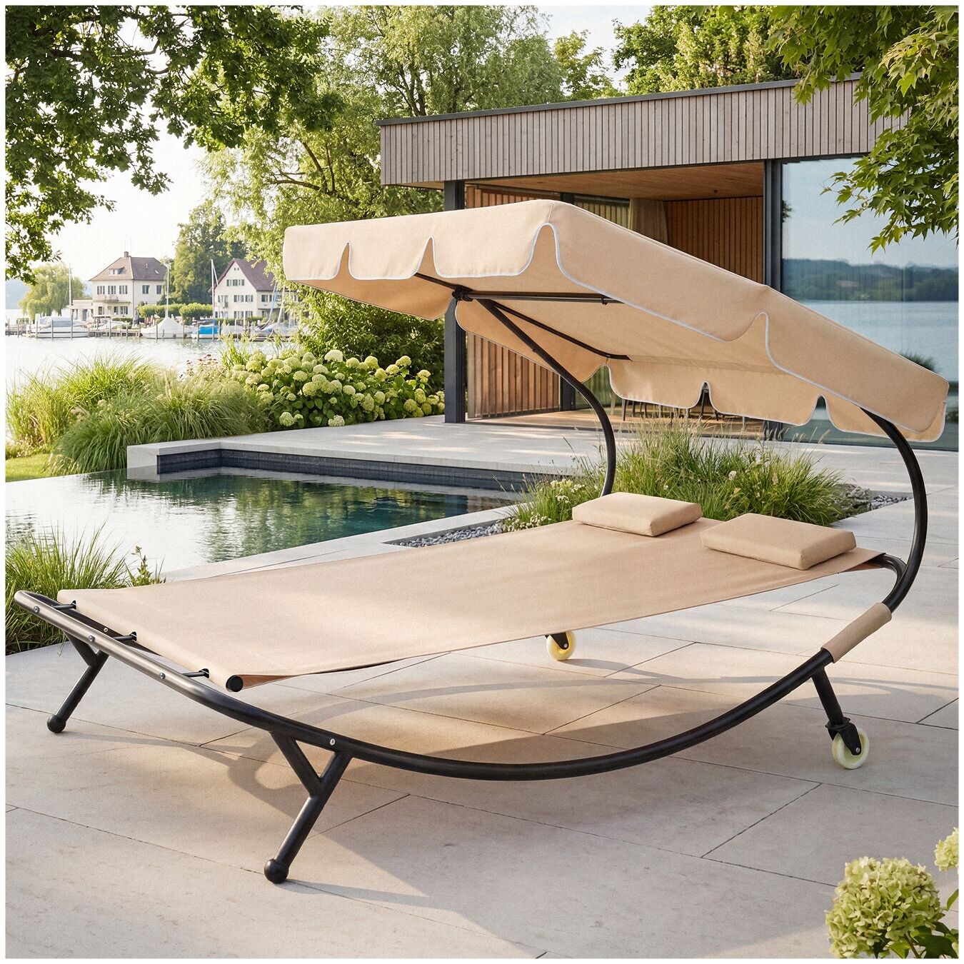 tectake® Gartenliege, für 2 Personen, 2 Transportrollen, 2 Kopfpolster, 215 x 183 x 150 cm