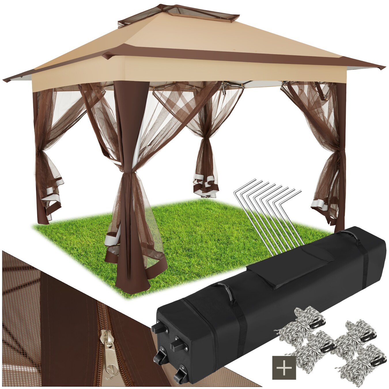 tectake® Faltpavillon, 3,64 x 3,64 x 2,94 m, 4 abnehmbare Seitenteile aus Moskitonetz, inklusive Spannseile, Heringe sowie Transporttasche