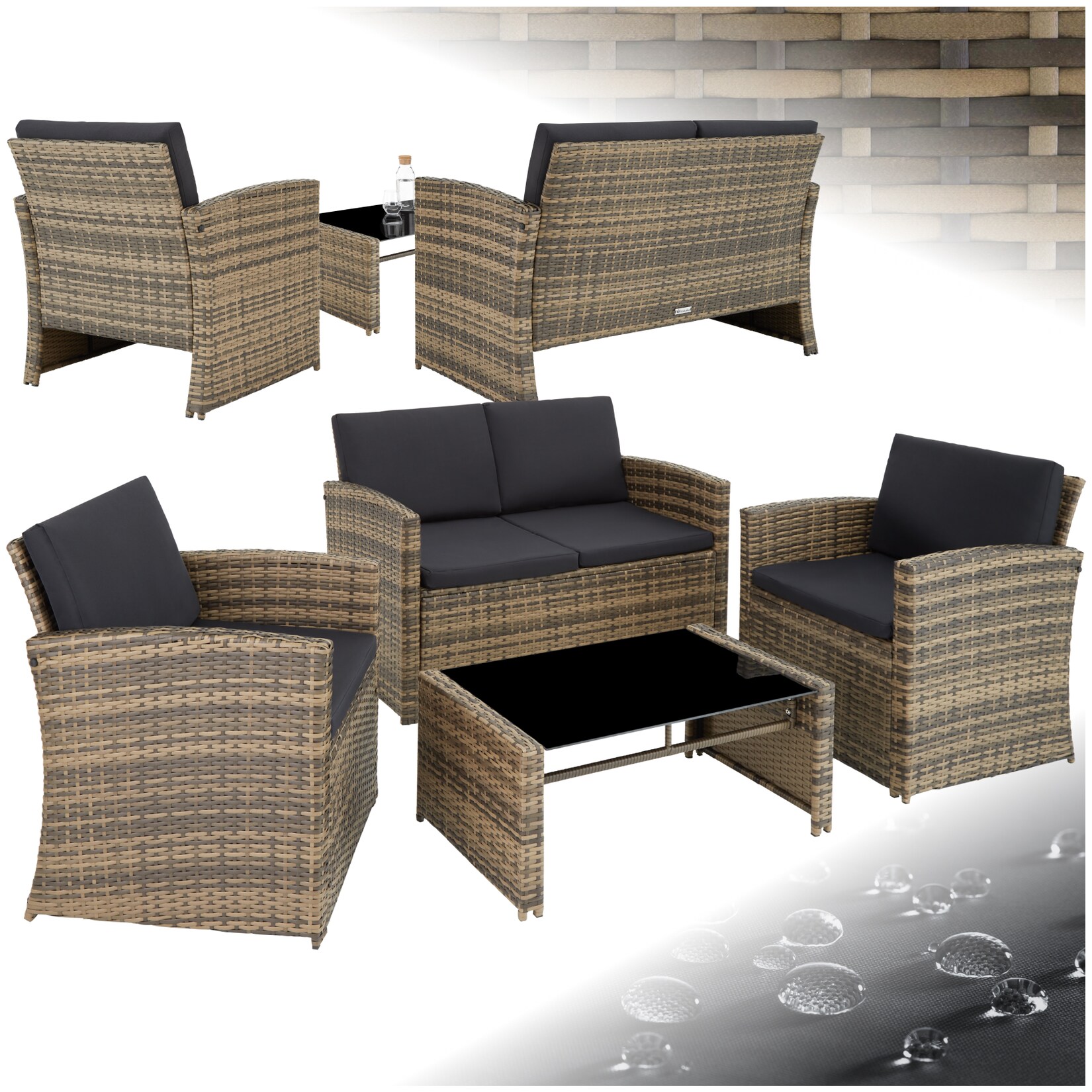 tectake® Rattan Lounge, für 4 Personen, UV-beständig, mit Sicherheitsglasplatte