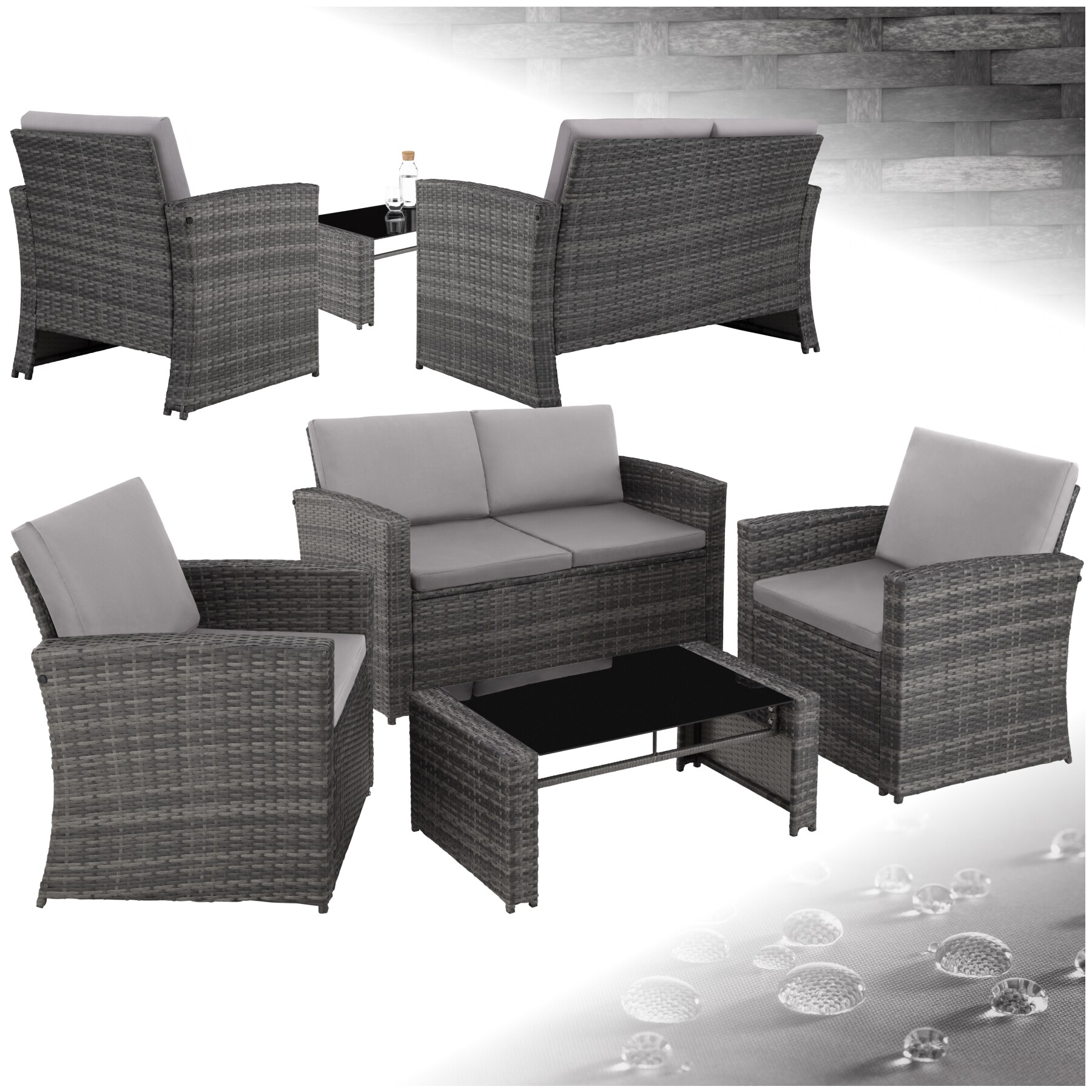 tectake&reg; Rattan Lounge, f&uuml;r 4 Personen, UV-best&auml;ndig, mit Sicherheitsglasplatte - Bild 1