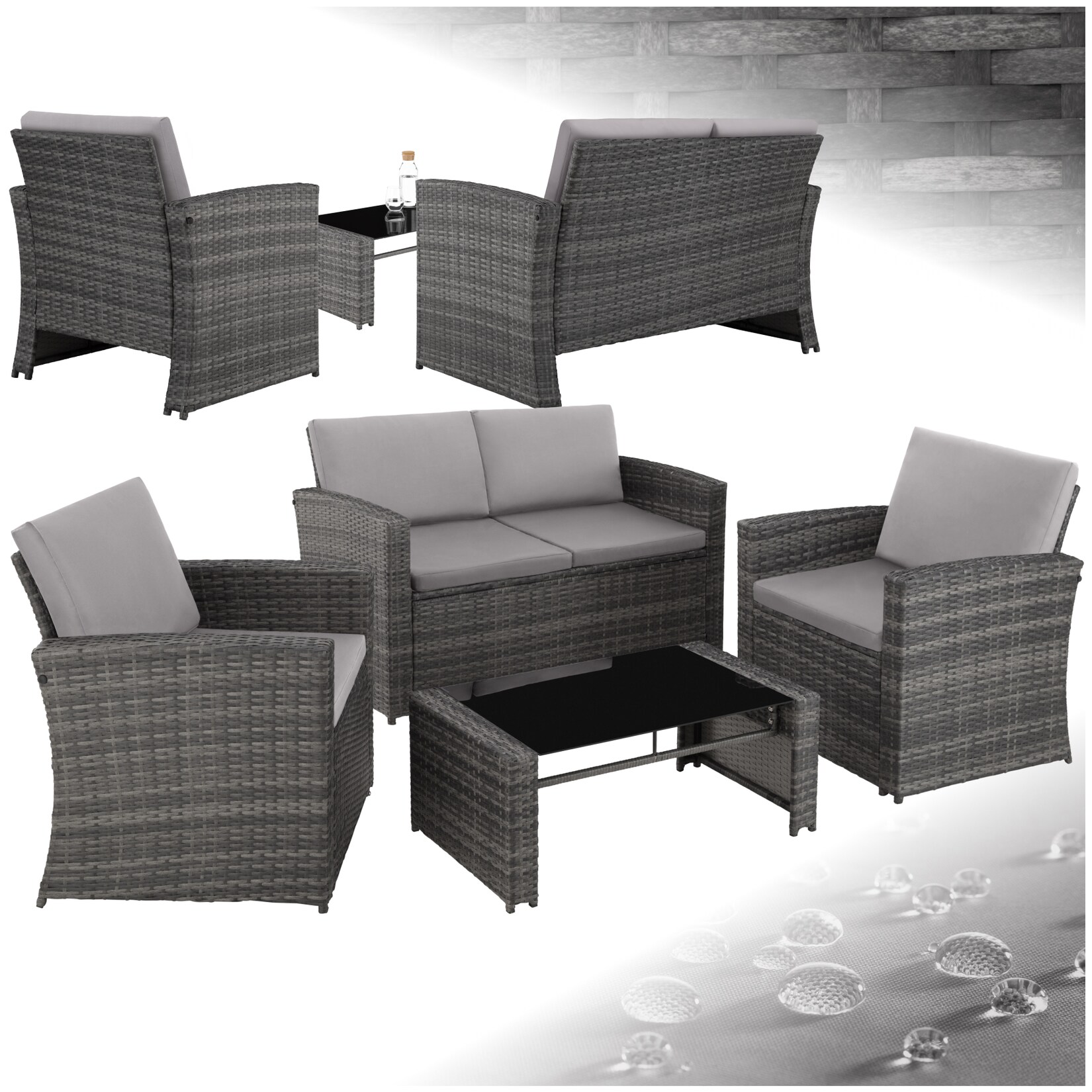 tectake® Rattan Lounge, für 4 Personen, UV-beständig, mit Sicherheitsglasplatte