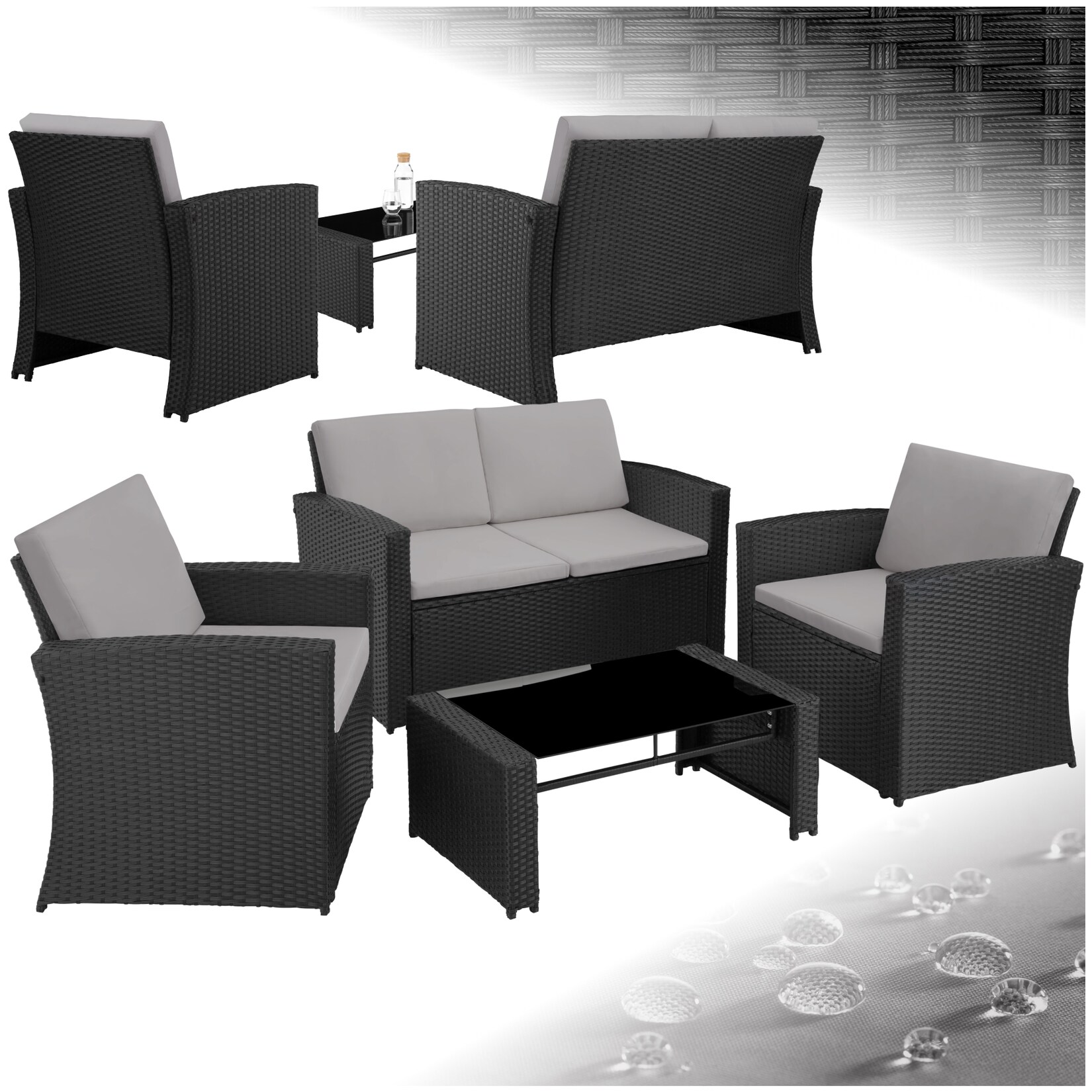 tectake® Rattan Lounge, für 4 Personen, UV-beständig, mit Sicherheitsglasplatte | 04061173255983