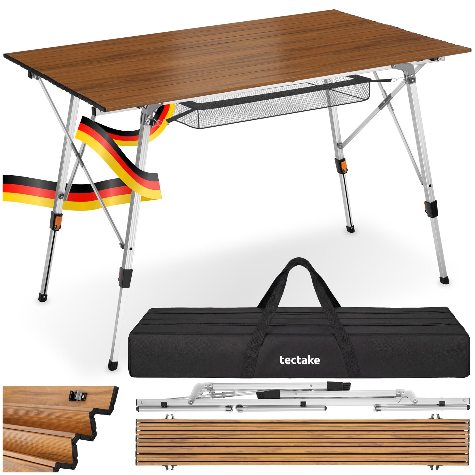 tectake® Aluminium Campingtisch, faltbar, höhenverstellbar, 120 x 70,5 x 58 – 79 cm