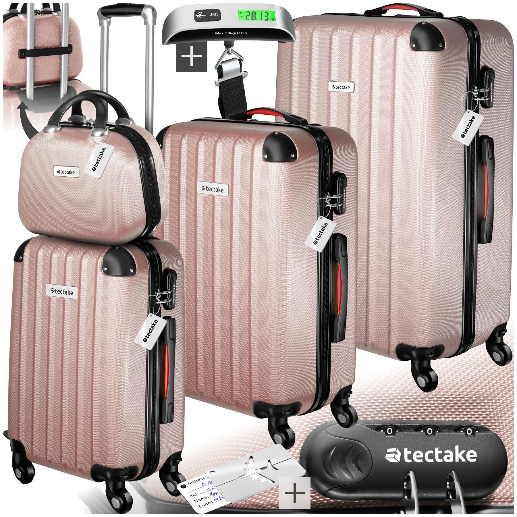 tectake&reg; Hartschalenkoffer-Set, 4-teilig, 3 Trolleys, 1 Beauty Case inkl. Kofferwaage und -anh&auml;nger, 360&deg; drehbare, abnehmbare Rollen, mit Sicherheits-Zahlenschloss - Bild 1