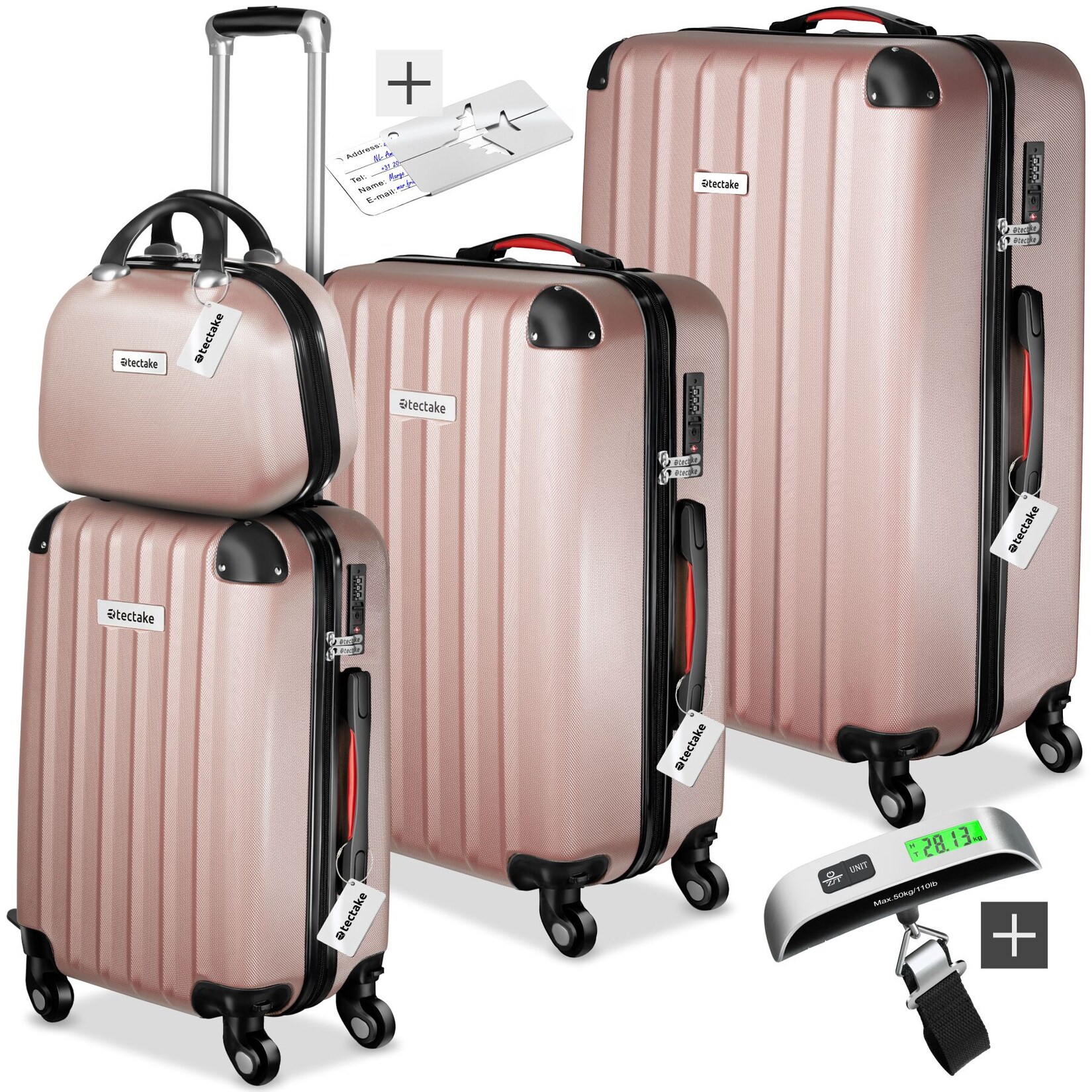 tectake® Hartschalenkoffer-Set, 4-teilig, 3 Trolleys, 1 Beauty Case, 360° drehbare, abnehmbare Rollen, inklusive Kofferwaage und -anhänger