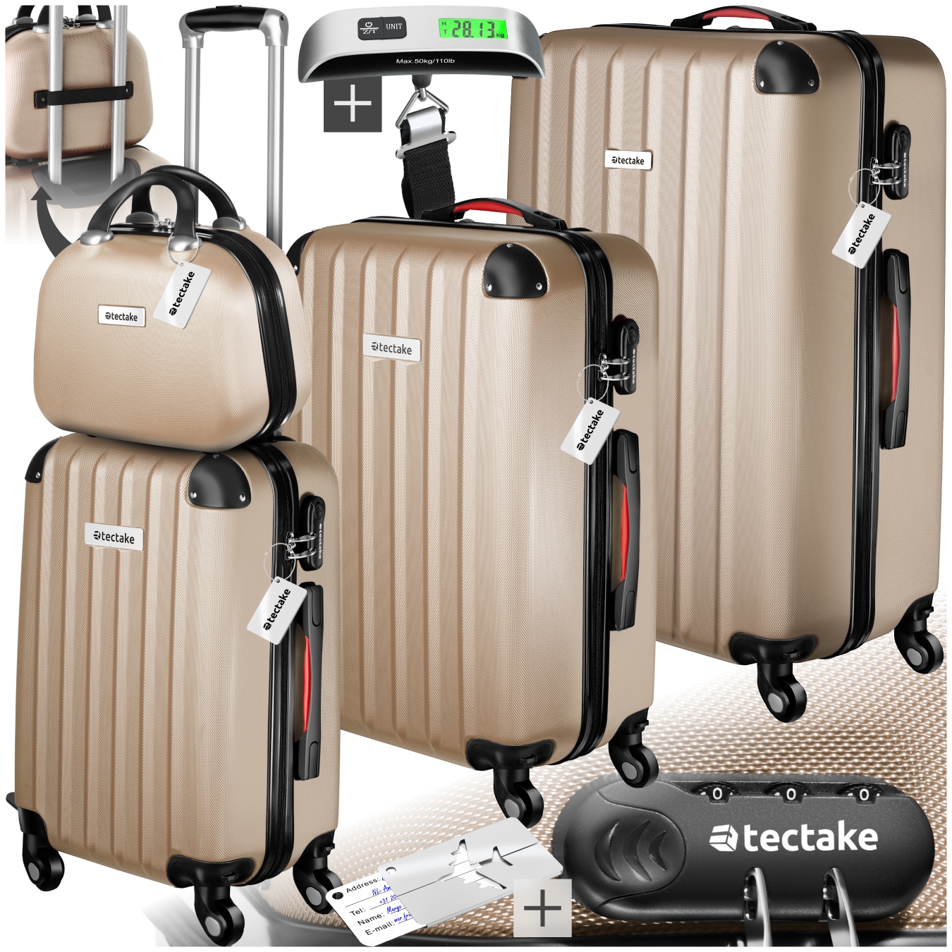 tectake&reg; Hartschalenkoffer-Set, 4-teilig, 3 Trolleys, 1 Beauty Case inkl. Kofferwaage und -anh&auml;nger, 360&deg; drehbare, abnehmbare Rollen, mit Sicherheits-Zahlenschloss - Bild 1