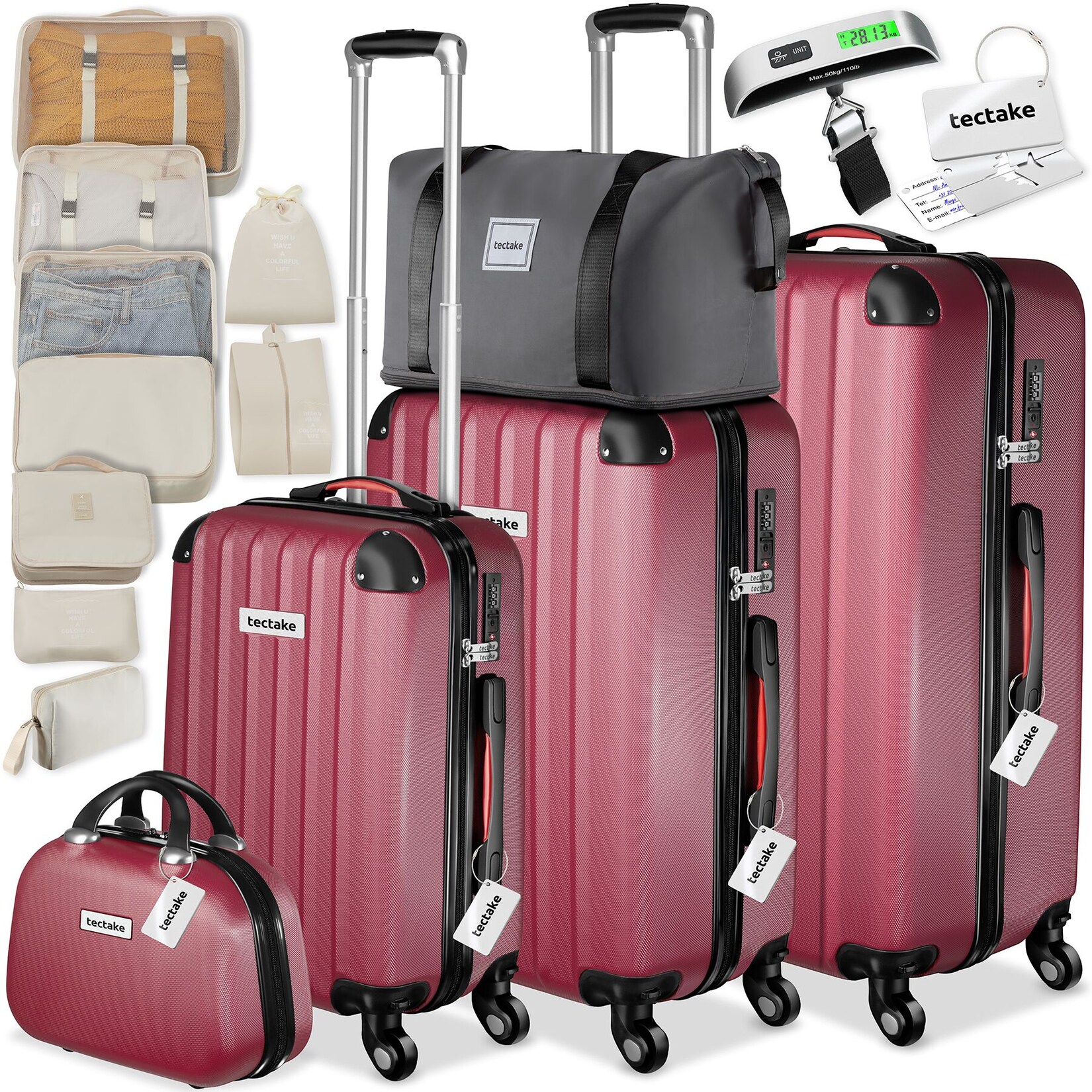 tectake® Hartschalenkoffer-Set, 19-teilig, Hartschalen aus robustem ABS-Kunststoff, 360° drehbare, abnehmbare Rollen, inklusive Packwürfelset, Kofferwaage und -anhänger