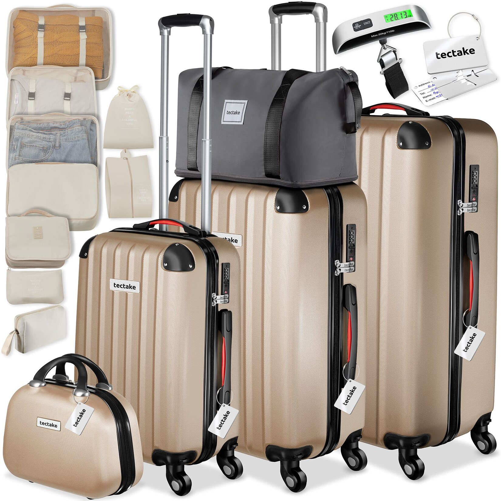 tectake® Hartschalenkoffer-Set, 19-teilig, Hartschalen aus robustem ABS-Kunststoff, 360° drehbare, abnehmbare Rollen, inklusive Packwürfelset, Kofferwaage und -anhänger
