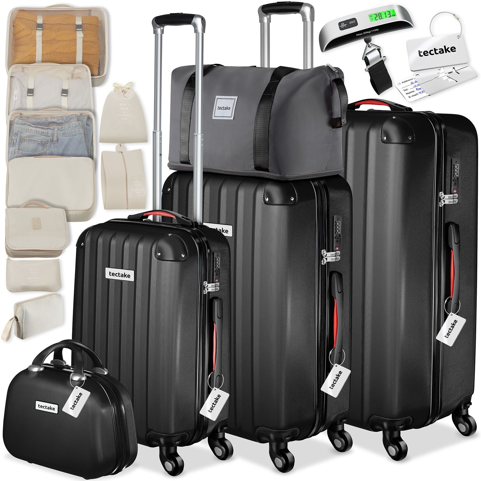 tectake® Hartschalenkoffer-Set, 19-teilig, Hartschalen aus robustem ABS-Kunststoff, 360° drehbare, abnehmbare Rollen, inklusive Packwürfelset, Kofferwaage und -anhänger