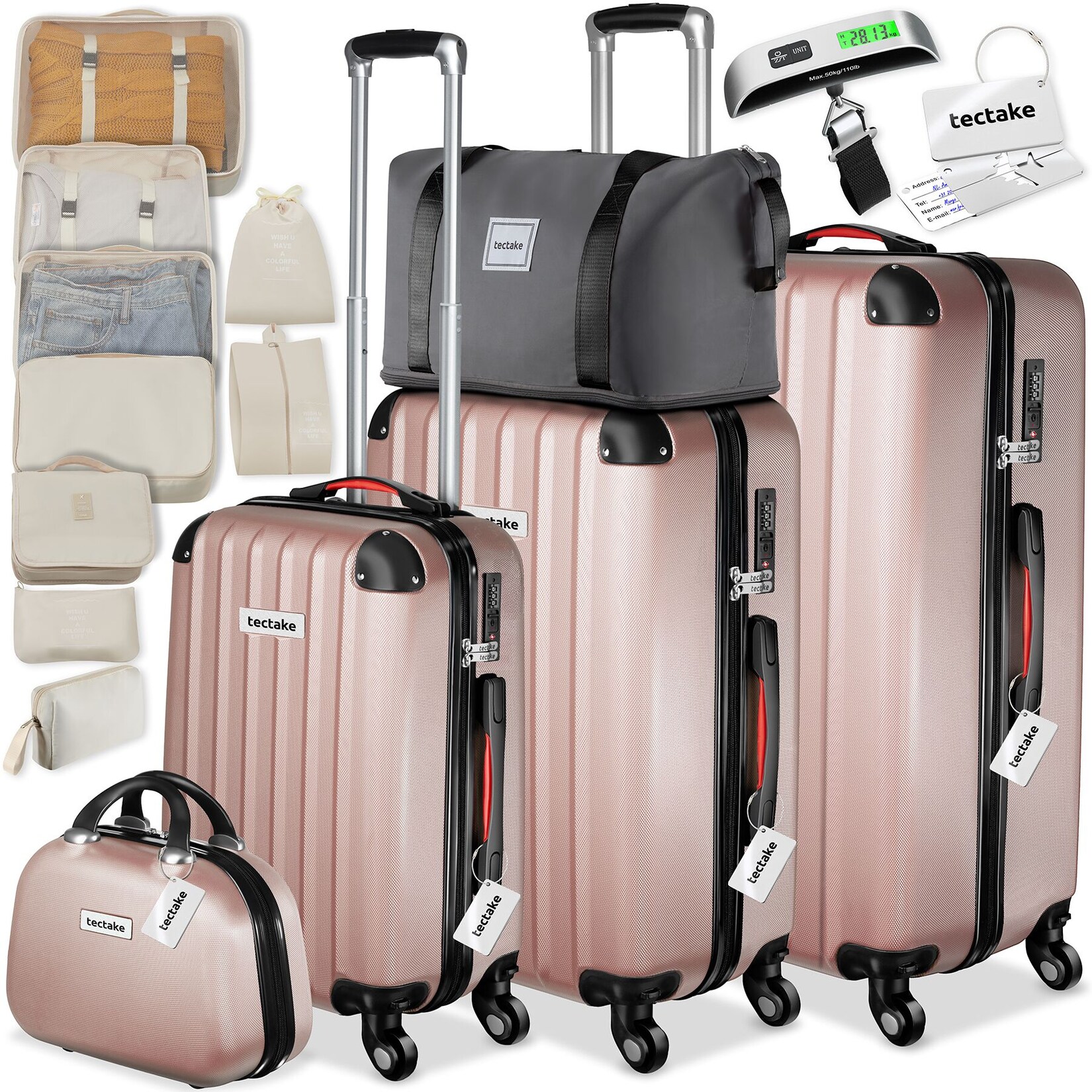 tectake® Hartschalenkoffer-Set, 19-teilig, Hartschalen aus robustem ABS-Kunststoff, 360° drehbare, abnehmbare Rollen, inklusive Packwürfelset, Kofferwaage und -anhänger