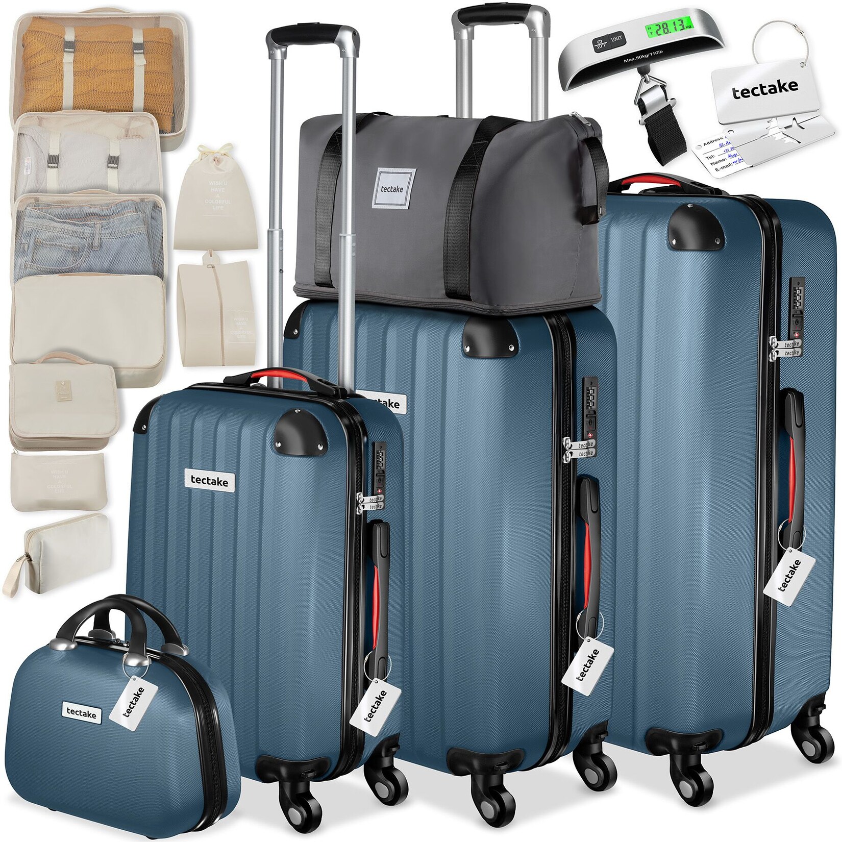 tectake® Hartschalenkoffer-Set, 19-teilig, Hartschalen aus robustem ABS-Kunststoff, 360° drehbare, abnehmbare Rollen, inklusive Packwürfelset, Kofferwaage und -anhänger