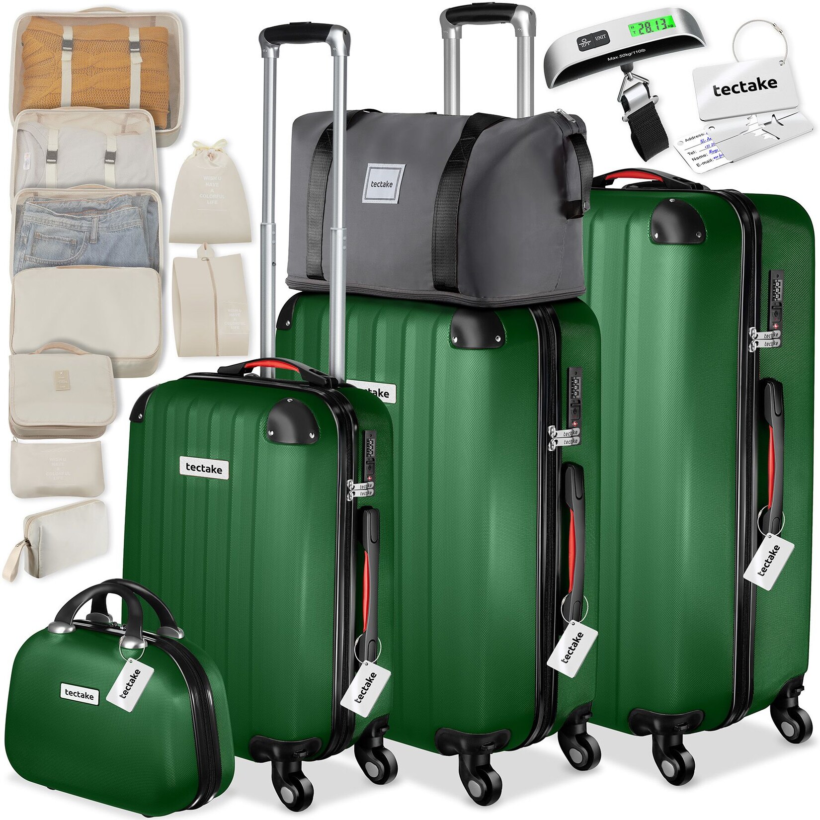 tectake® Hartschalenkoffer-Set, 19-teilig, Hartschalen aus robustem ABS-Kunststoff, 360° drehbare, abnehmbare Rollen, inklusive Packwürfelset, Kofferwaage und -anhänger