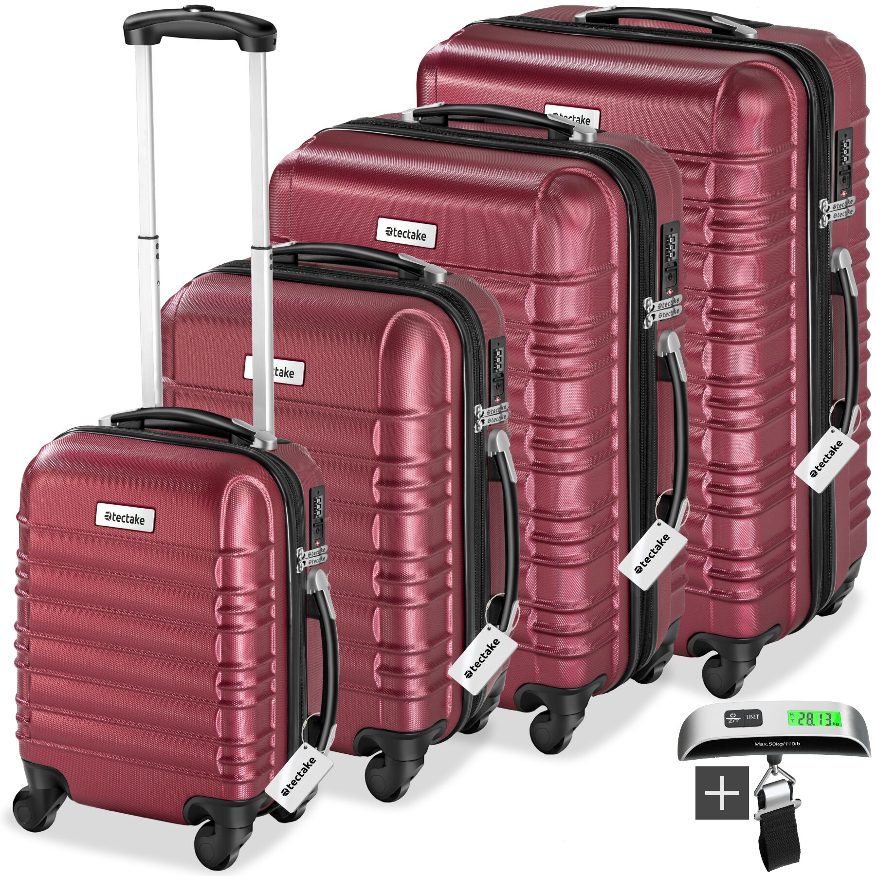 tectake&reg; Hartschalenkoffer-Set, 4-teilig aus robustem ABS-Kunststoff inkl. Kofferwaage und -anh&auml;nger, 360&deg; drehbare, abnehmbare Rollen, mit Sicherheits-Zahlenschloss - Bild 1