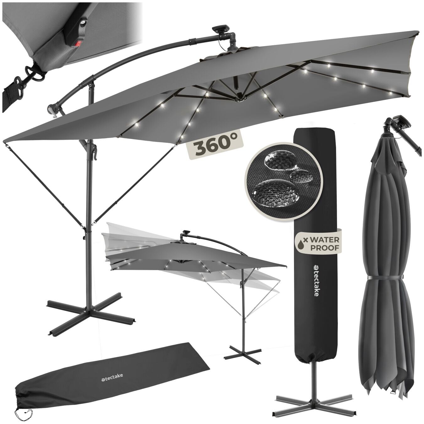 tectake® Sonnenschirm, 250 x 250 cm mit LED Solar-Beleuchtung, stufenlos verstellbarer Neigungswinkel, wasserabweisend, inkl. Windsicherung und Schutzhülle