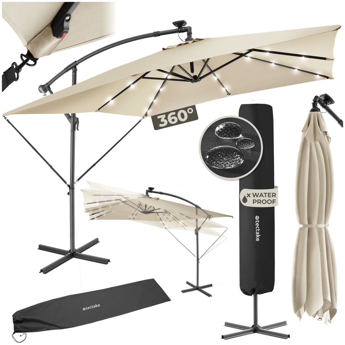 tectake&reg; Sonnenschirm, 250 x 250 cm mit LED Solar-Beleuchtung, stufenlos verstellbarer Neigungswinkel, wasserabweisend, inkl. Windsicherung und Schutzh&uuml;lle - Bild 1