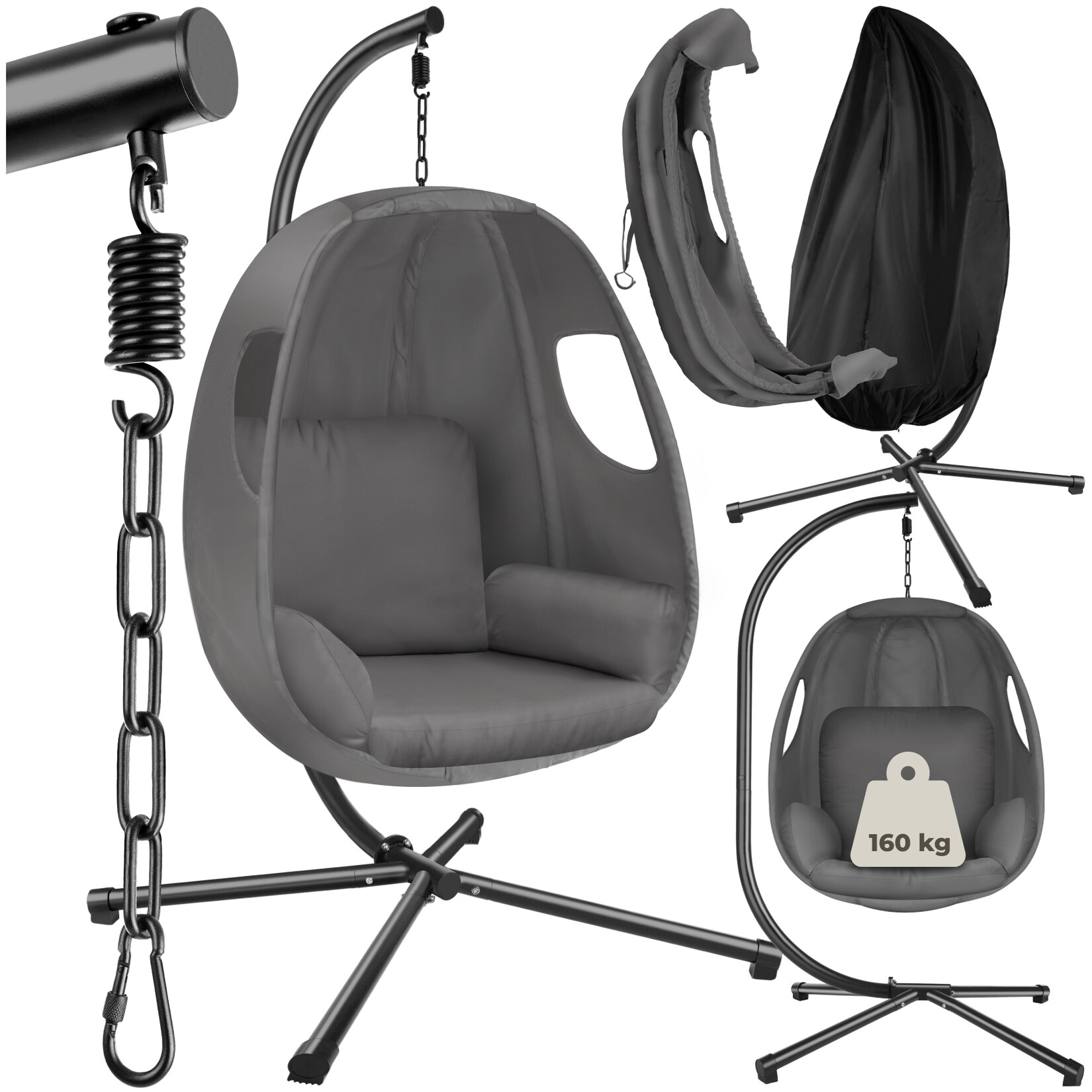 tectake® Hängesessel, mit extra dickem Sitzkissen, 360° drehbar, Belastbarkeit 160 kg, inklusive Schutzhülle, 100 x 97 x 201 cm | 04061173259585