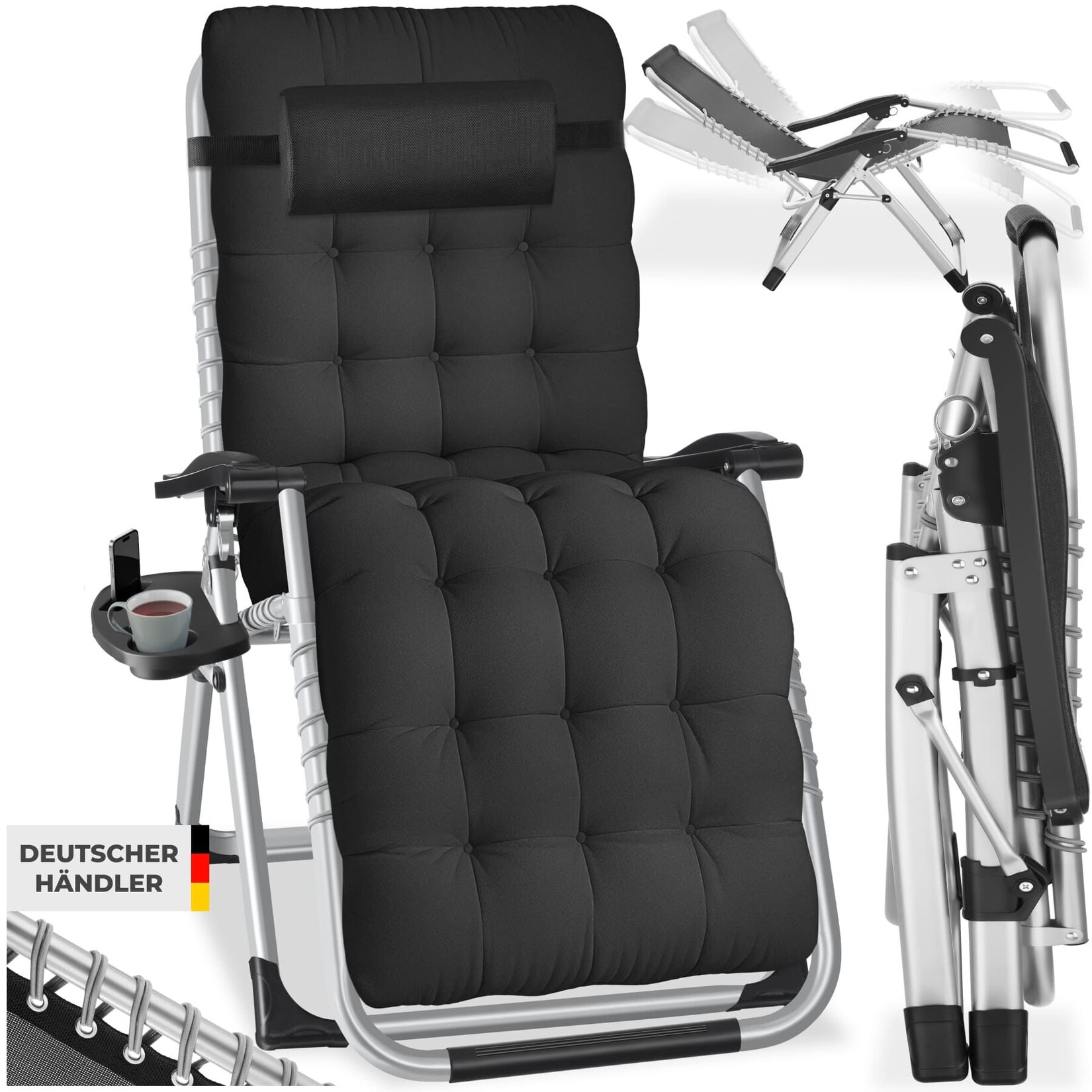 tectake® Sonnenliege, klappbar, abnehmbares Sitz- und Kopfpolster, 84 x 168 x 82,5 cm, mit Ablagetisch