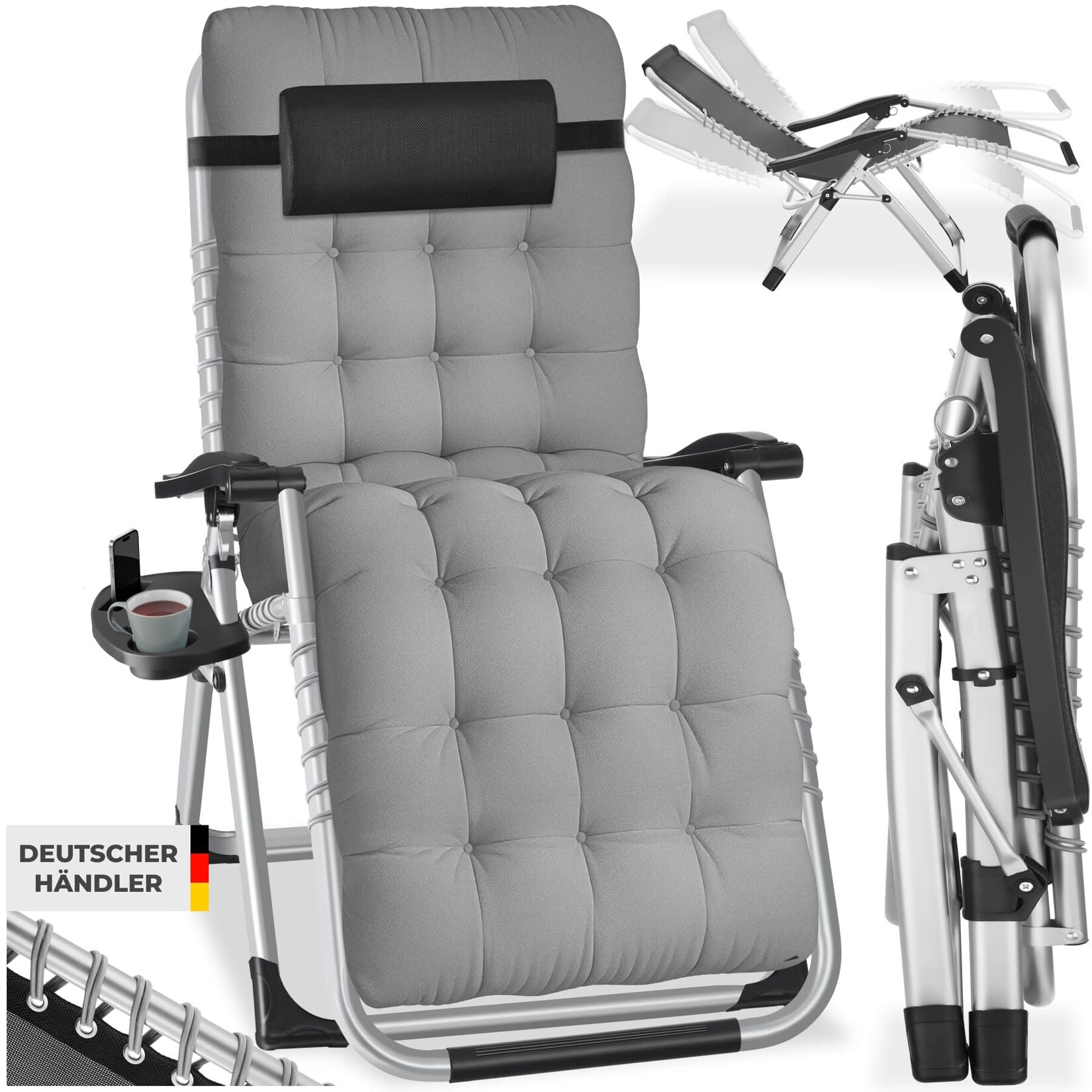 tectake® Sonnenliege, klappbar, abnehmbares Sitz- und Kopfpolster, 84 x 168 x 82,5 cm, mit Ablagetisch