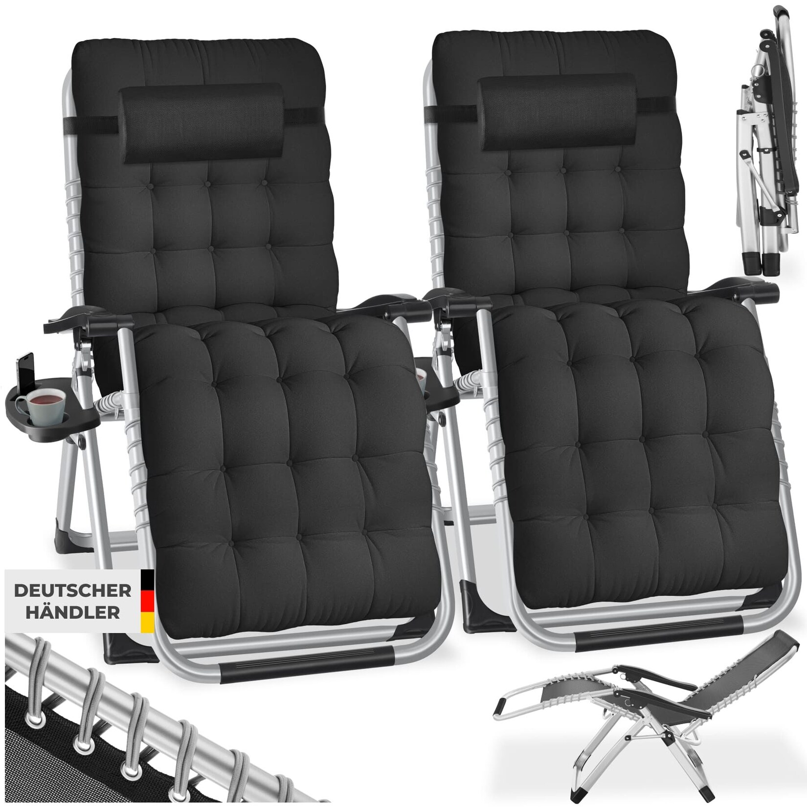 tectake® Sonnenliege, klappbar, abnehmbares Sitz- und Kopfpolster, 84 x 168 x 82,5 cm, mit Ablagetisch
