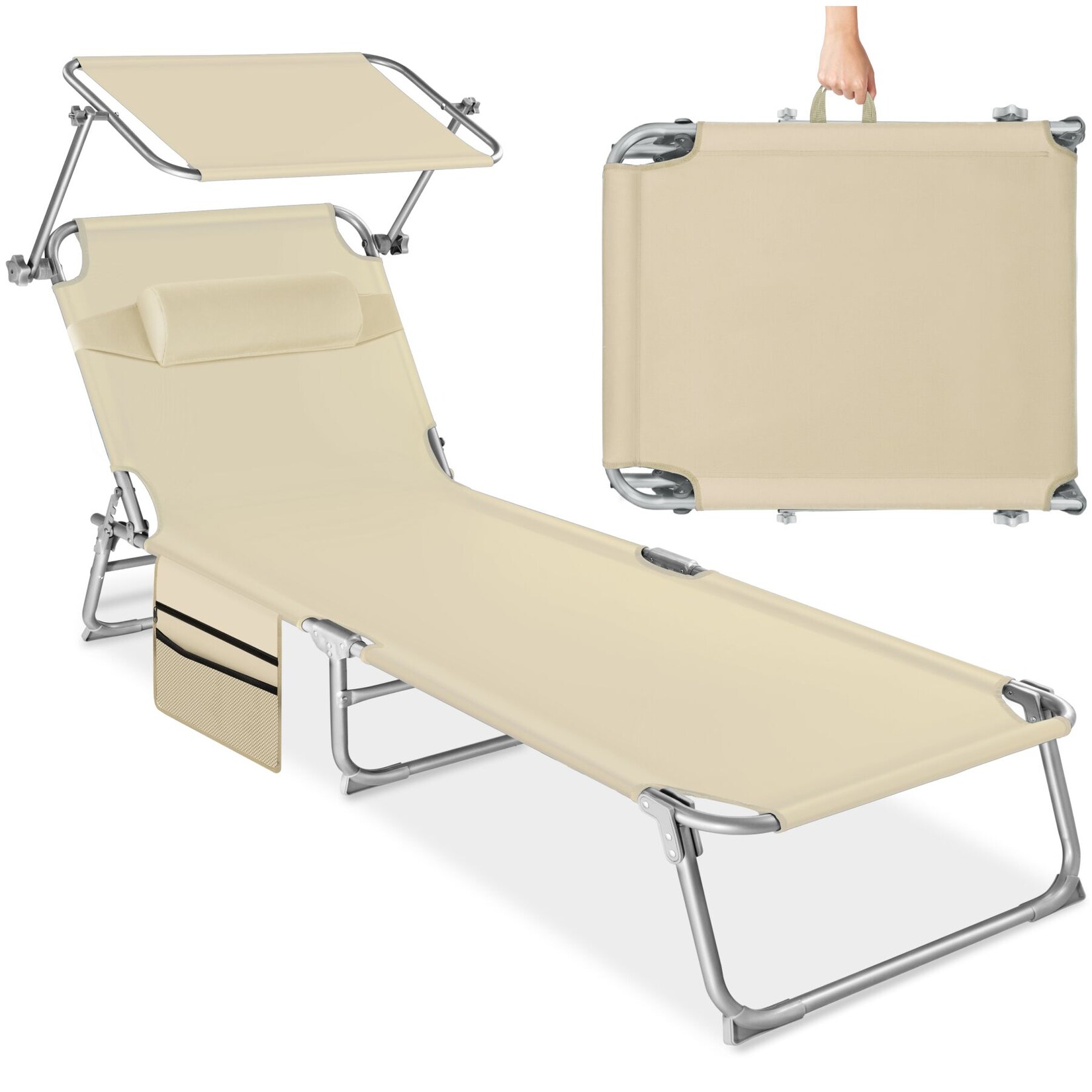 tectake® Sonnenliege, klappbar, 4-fach verstellbare Rückenlehne mit Kopfpolster, 190 x 68 x 28 cm, mit Seitentasche
